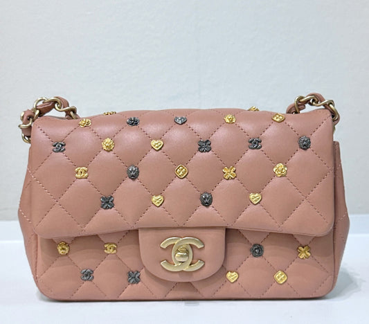 Authentic Chanel 2018 Blush Beige Mini Flap Bag with Lucky Charms Stud Embellishment