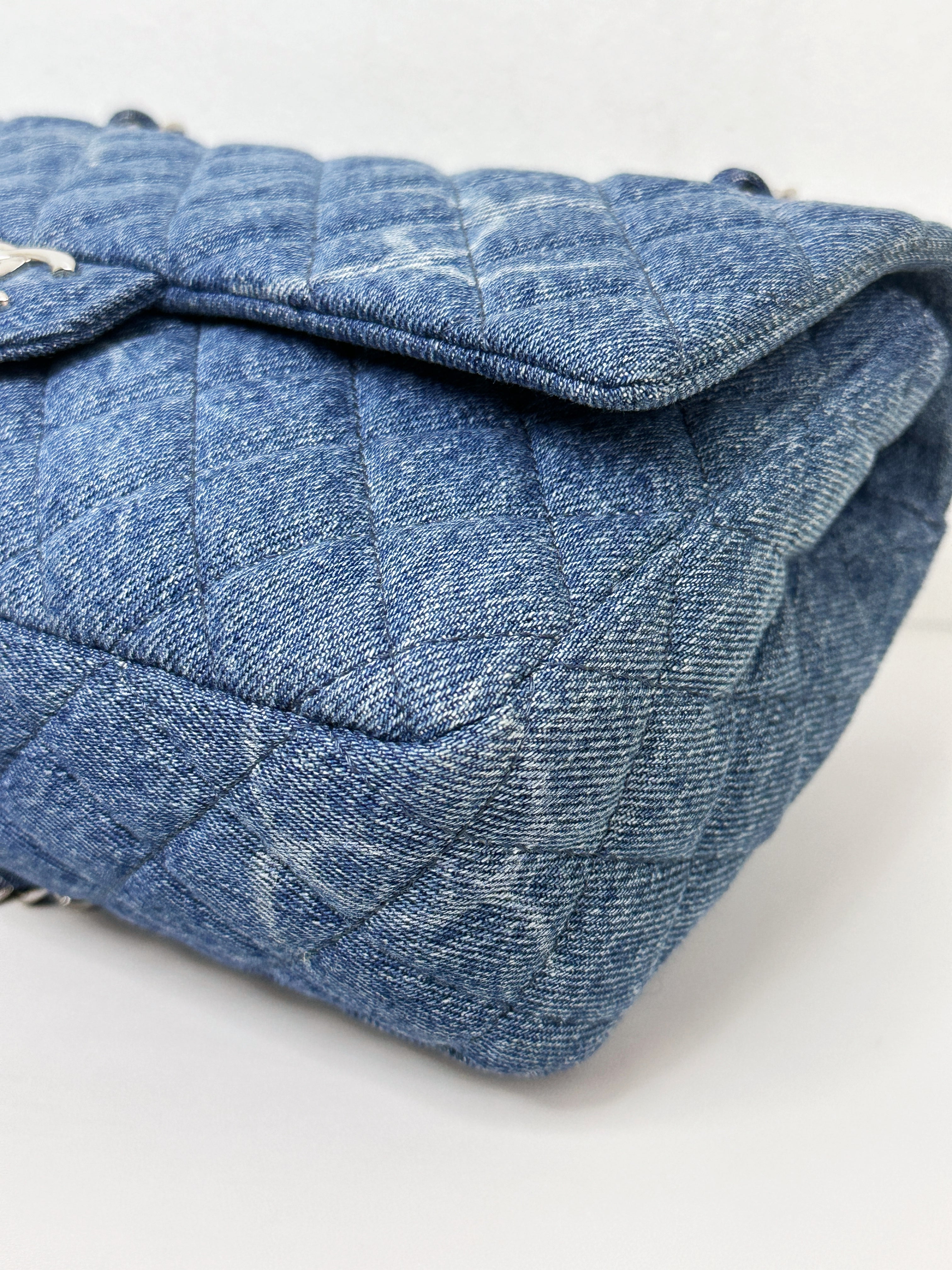 Chanel 20B Medium Blue Denim Quilted CC Single Flap SHW 3045 holo card