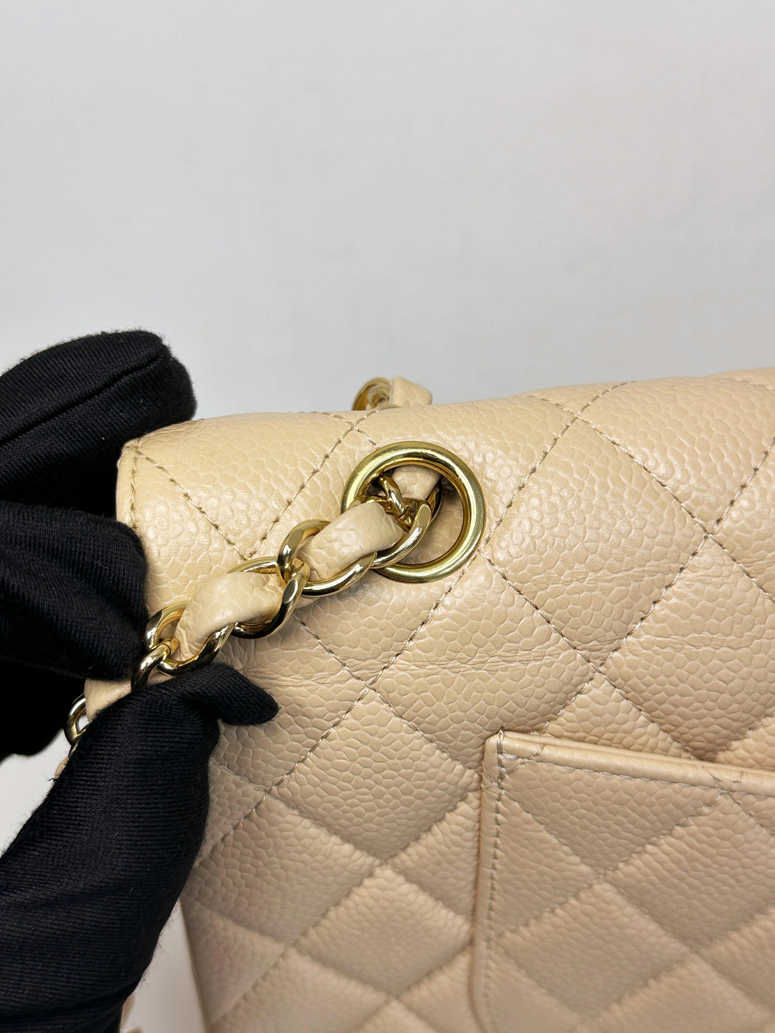 Chanel Medium Beige Classic Caviar Double Flap Bag GHW 2163 holo