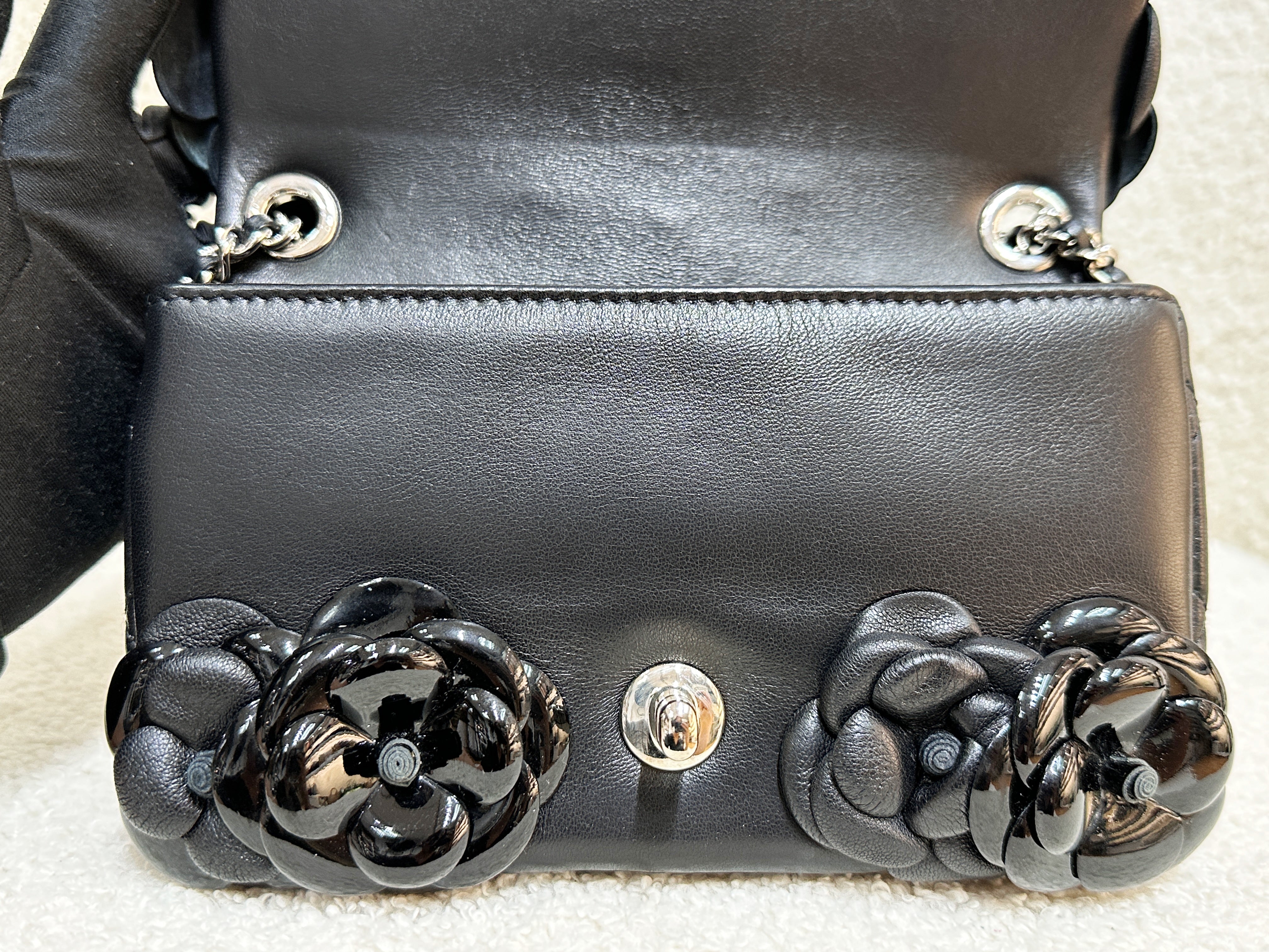 Chanel Mini Rectangular Camellia Flap Bag Black Lambskin and Patent Silver Hardware