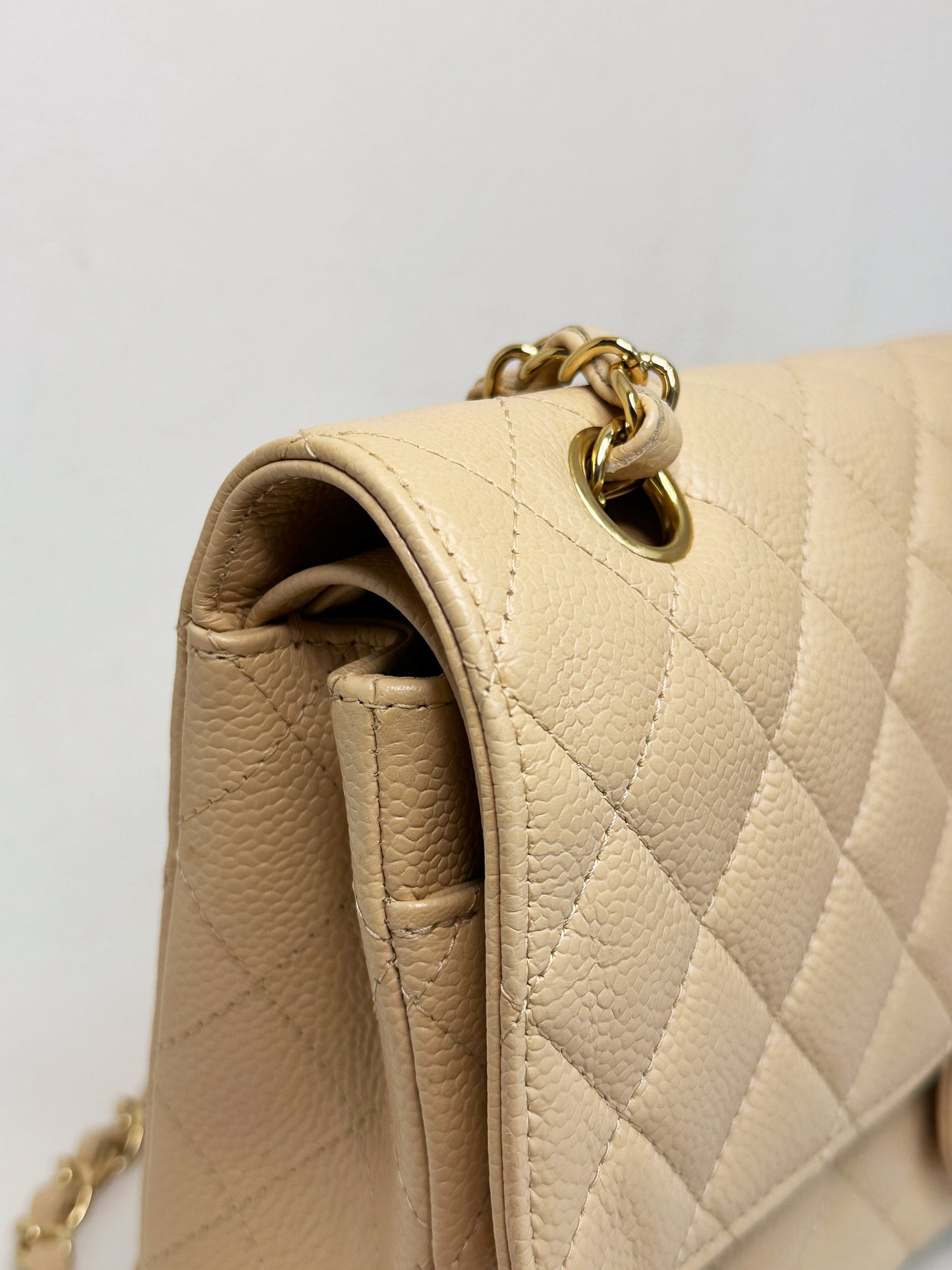 Chanel Medium Beige Classic Caviar Double Flap Bag GHW 2163 holo