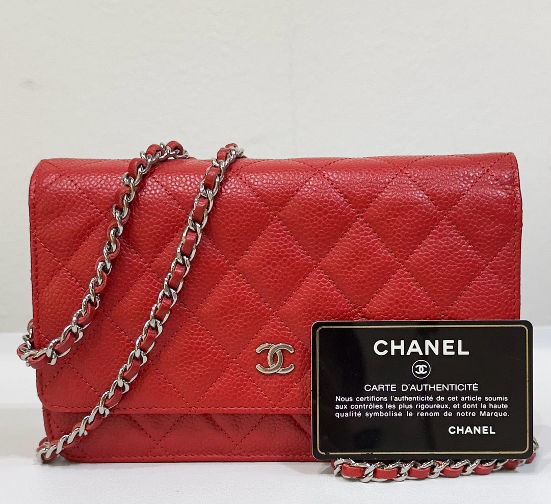 Chanel Caviar Quilted Wallet on Chain WOC Red 1874 holo card