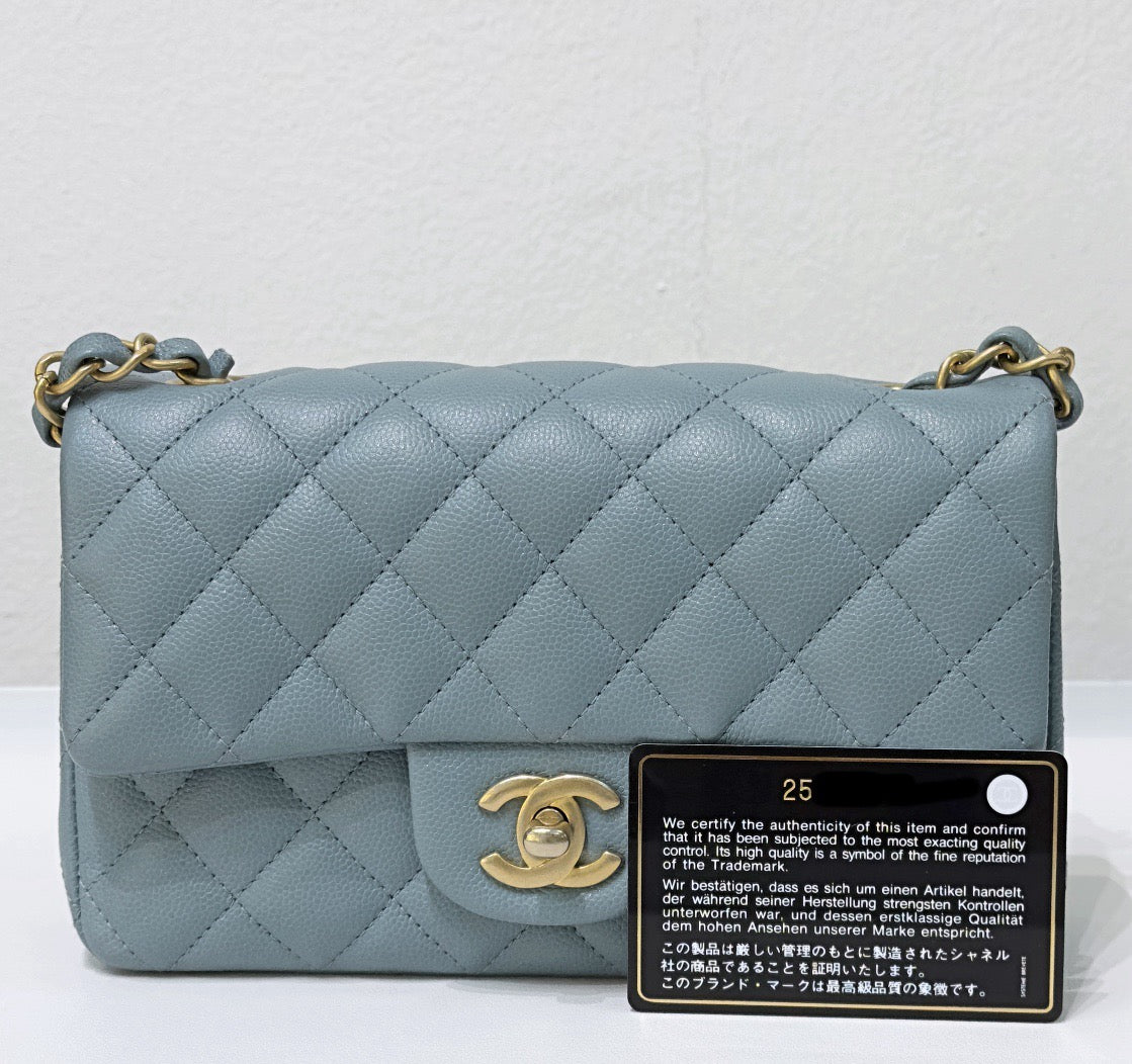 CHANEL Iridescent Caviar Quilted Mini Rectangular Flap Light Blue 18C