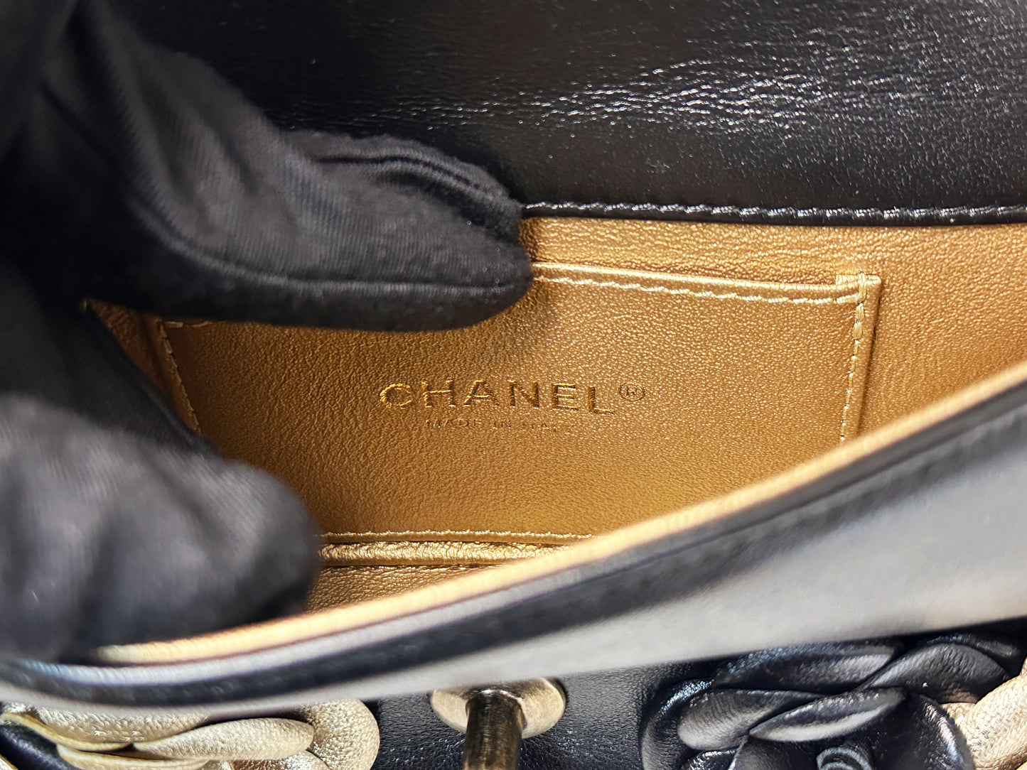 Chanel Mini Metallic Lambskin Quilted Camellia Flap Bag Black Gold 2479 holo card