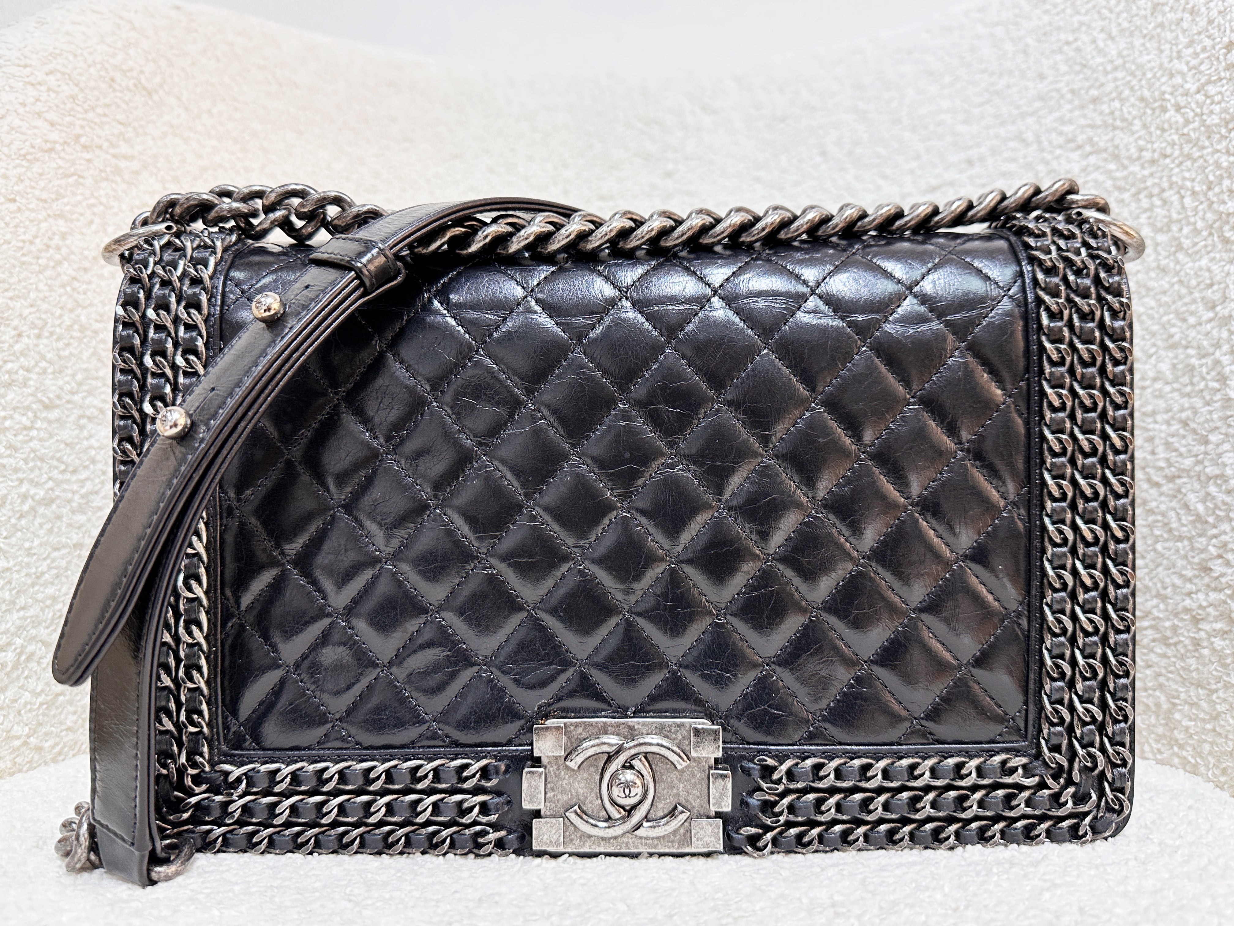 Chanel Boy Black Leather Chain Shoulder Bag 2099 holo card