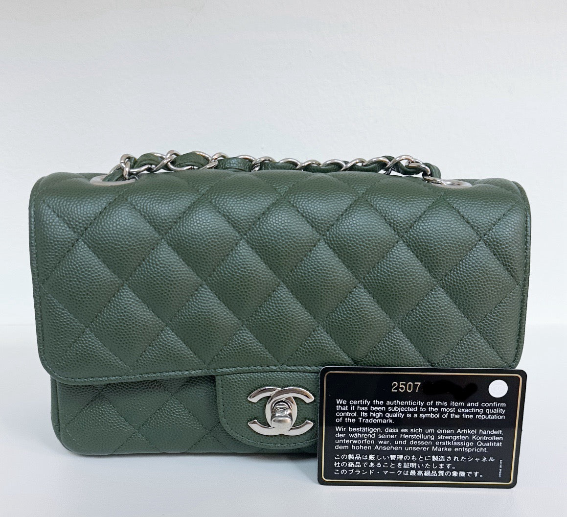 Chanel Caviar Quilted Mini Rectangular Flap Green 2507 holo card