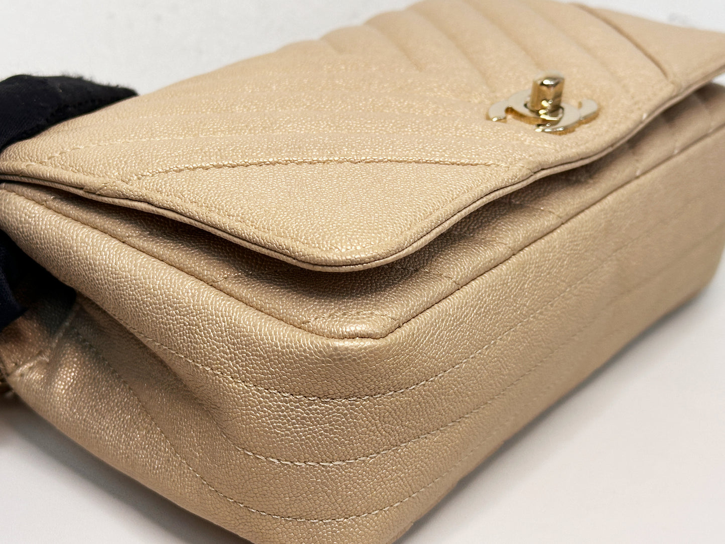 Chanel Mini Statement Metallic Caviar Chevron Quilted Flap Beige LGHW 2835 holo card