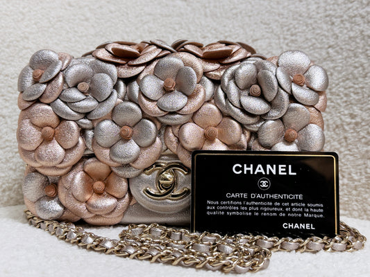 Chanel Camellia Mini Metallic Rose Gold/Pink Lambskin Gold Hardware 2487 holo card