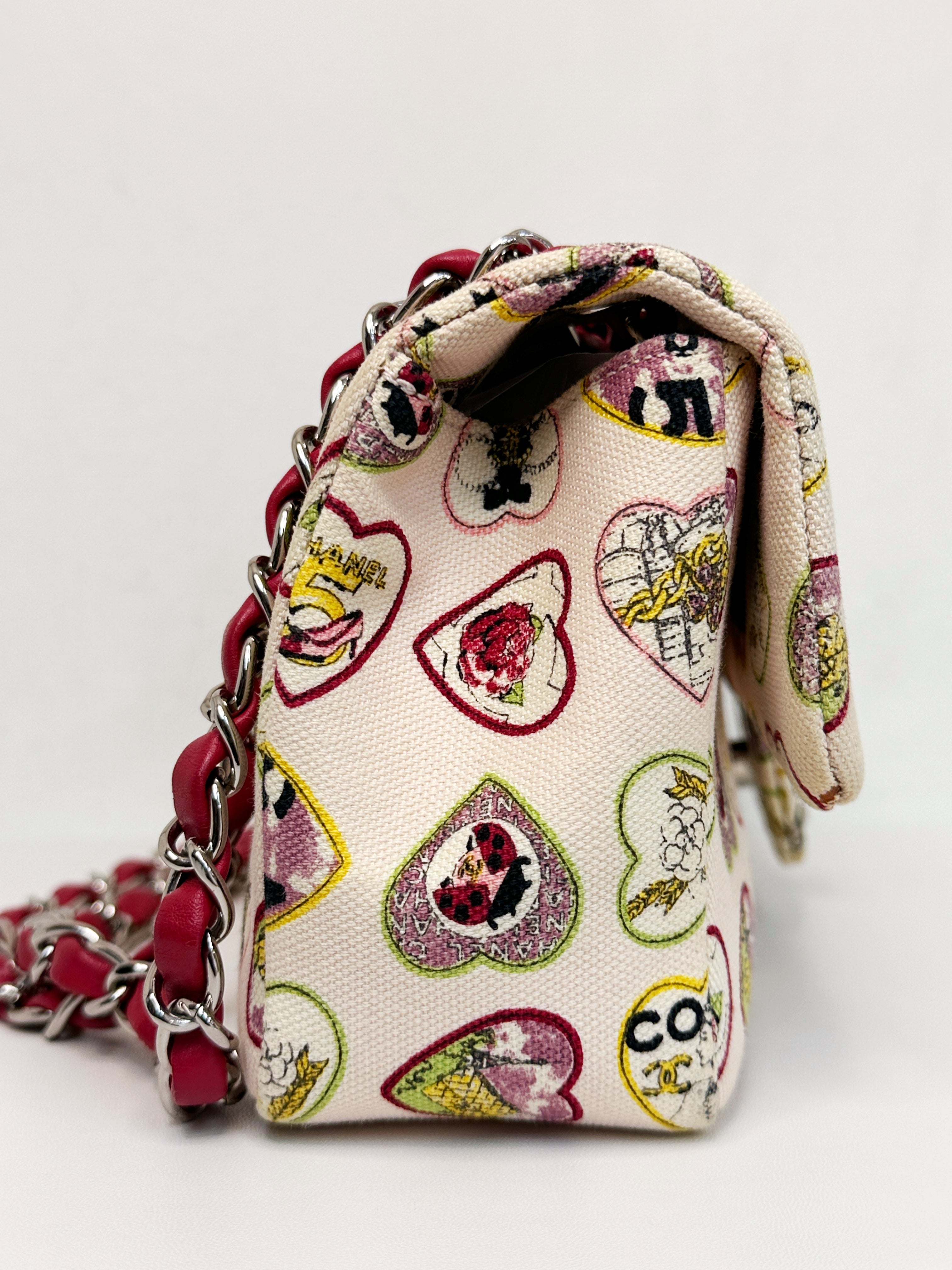 Chanel Valentine Coco Heart Motif Printed Pink Canvas East West Flap Bag 1064 holo