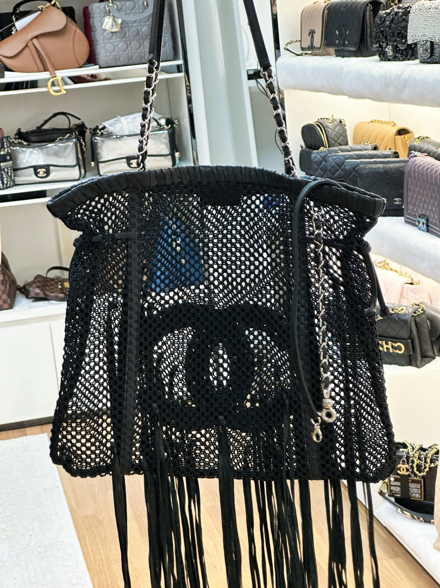 Chanel Limited Edition Resort 2011 Black Fringe Mesh Tote Bag 1373 holo card