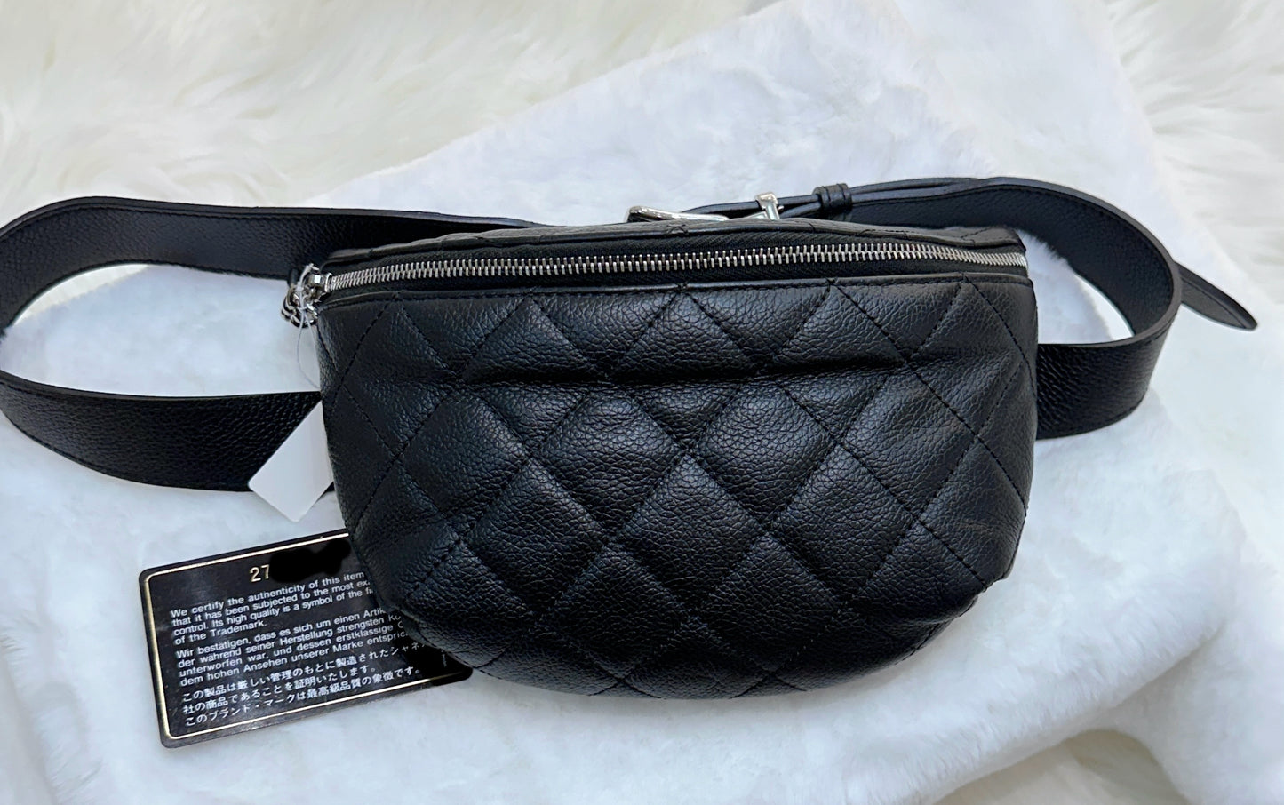 CHANEL Grained Calfskin Quilted Waist Belt Bag Black 2748 holo card