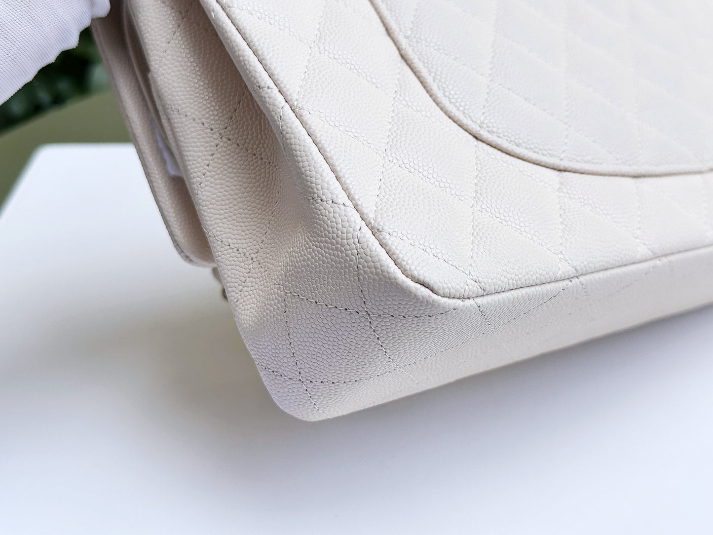 Chanel Medium Caviar Classic Quilted Double Flap Ivory Light Beige Bag LGHW