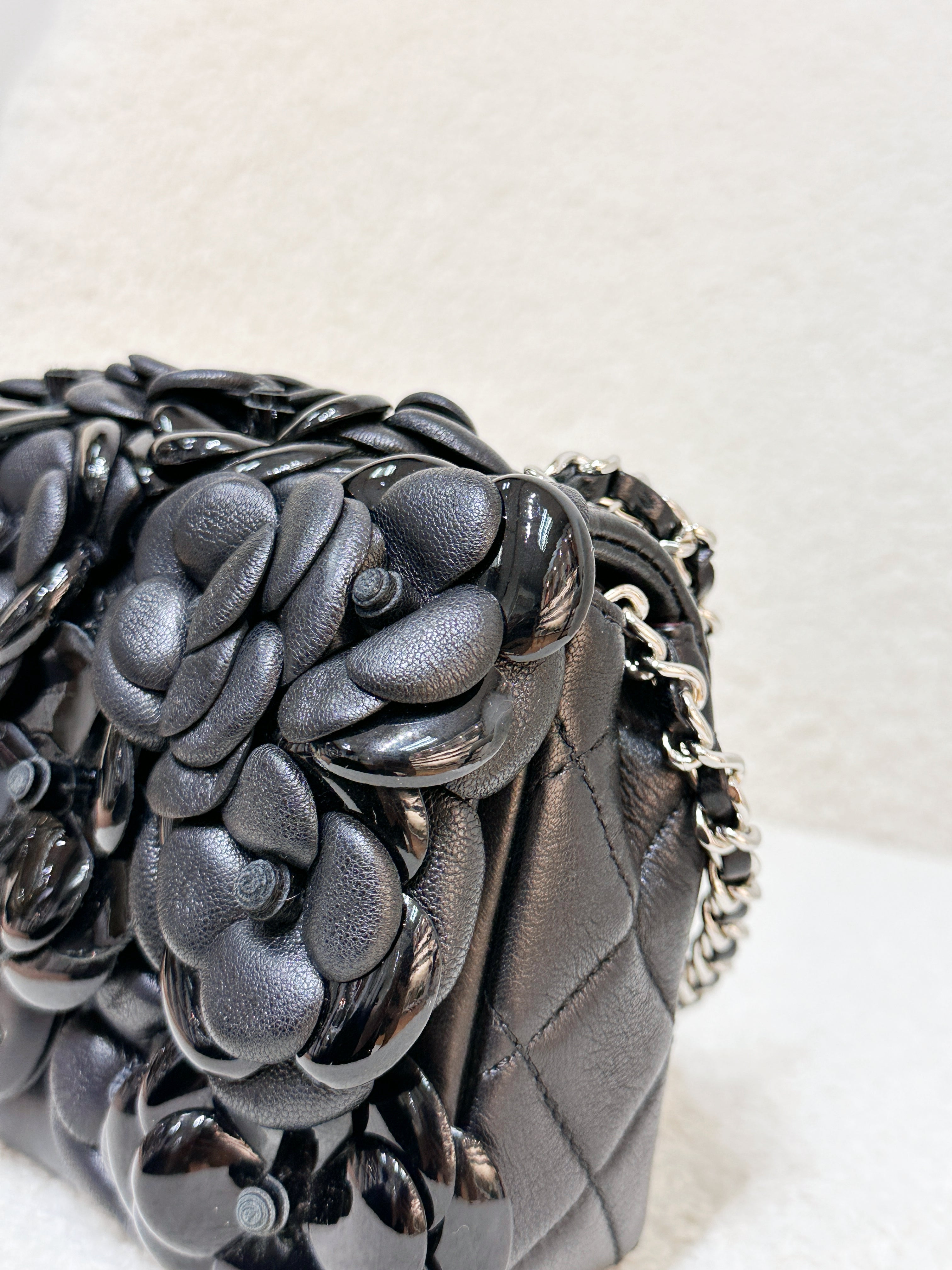 Chanel Mini Rectangular Camellia Flap Bag Black Lambskin and Patent Silver Hardware