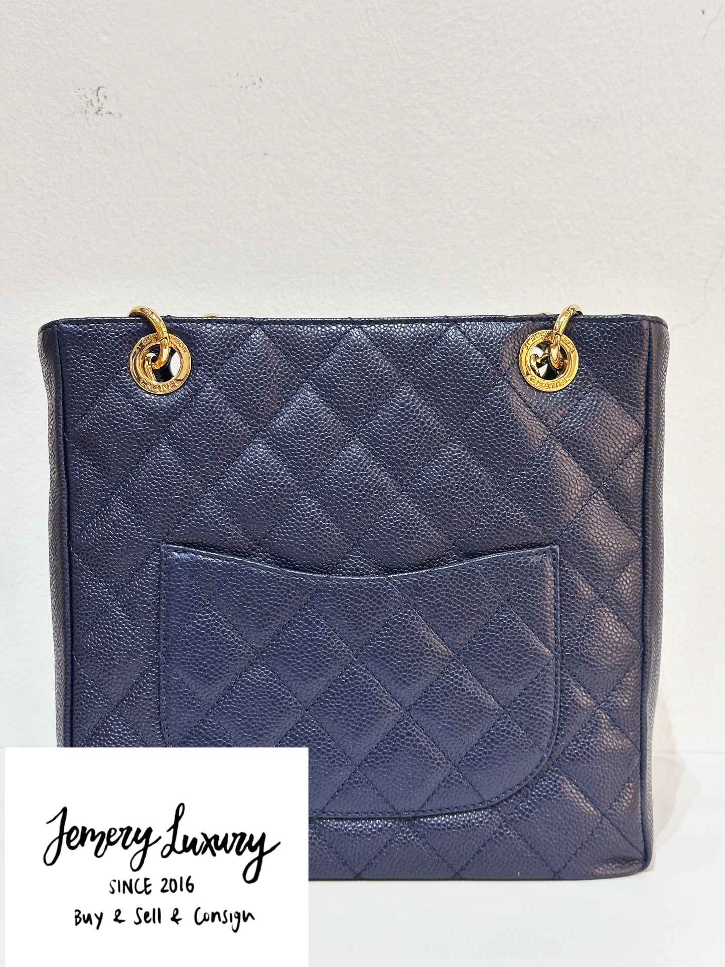 Chanel Caviar Quilted Petit Shopping Tote PST Navy Blue 1898 holo card