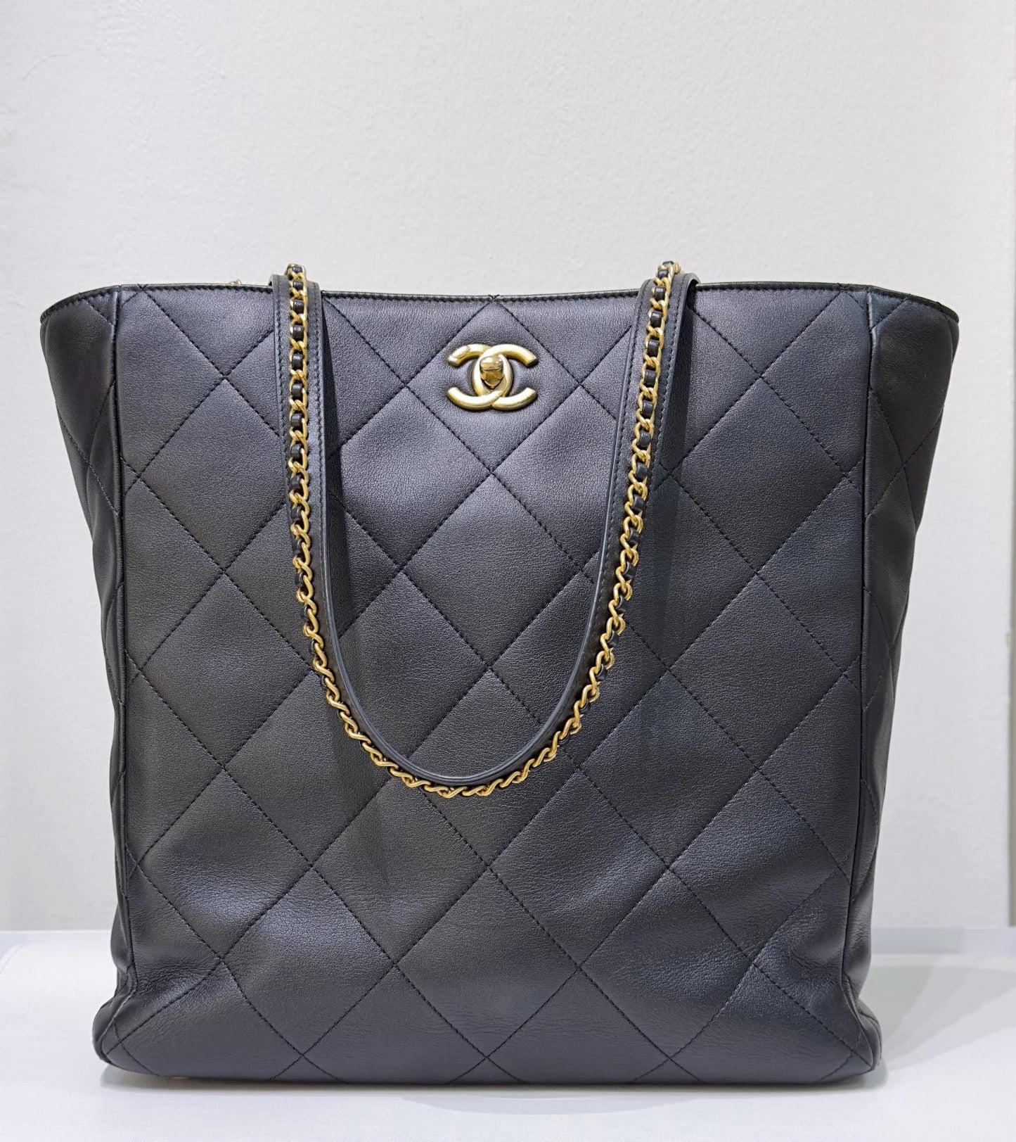 Chanel Calfskin Quilted Chain Shopping Tote Black