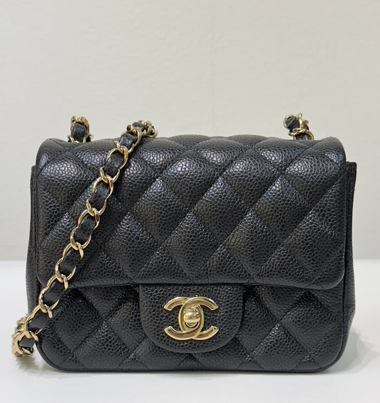 Chanel Mini Square Caviar Flap Bag Black GHW 25 holo card (Chain short than usual)