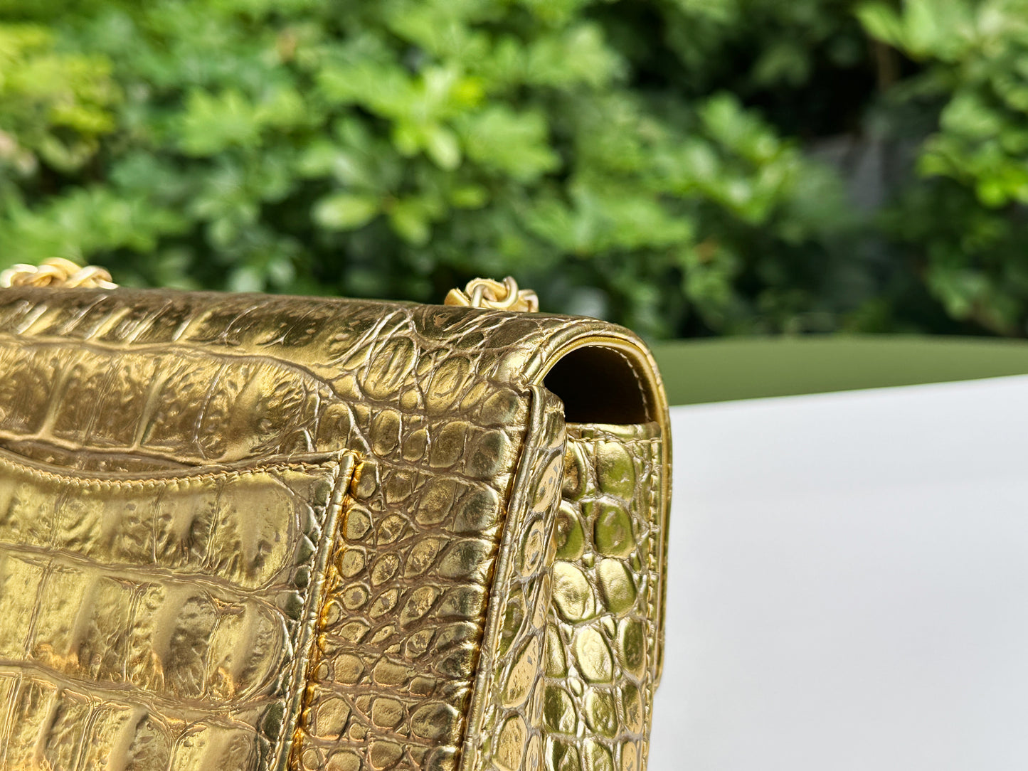 Chanel Mini Calfskin Crocodile Embossed Rectangular Gold Metallic Flap Bag 2803 holo card