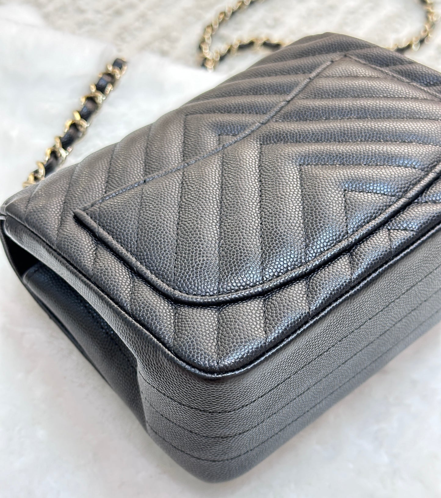 Chanel Mini Square Black Chevron Caviar LGHW