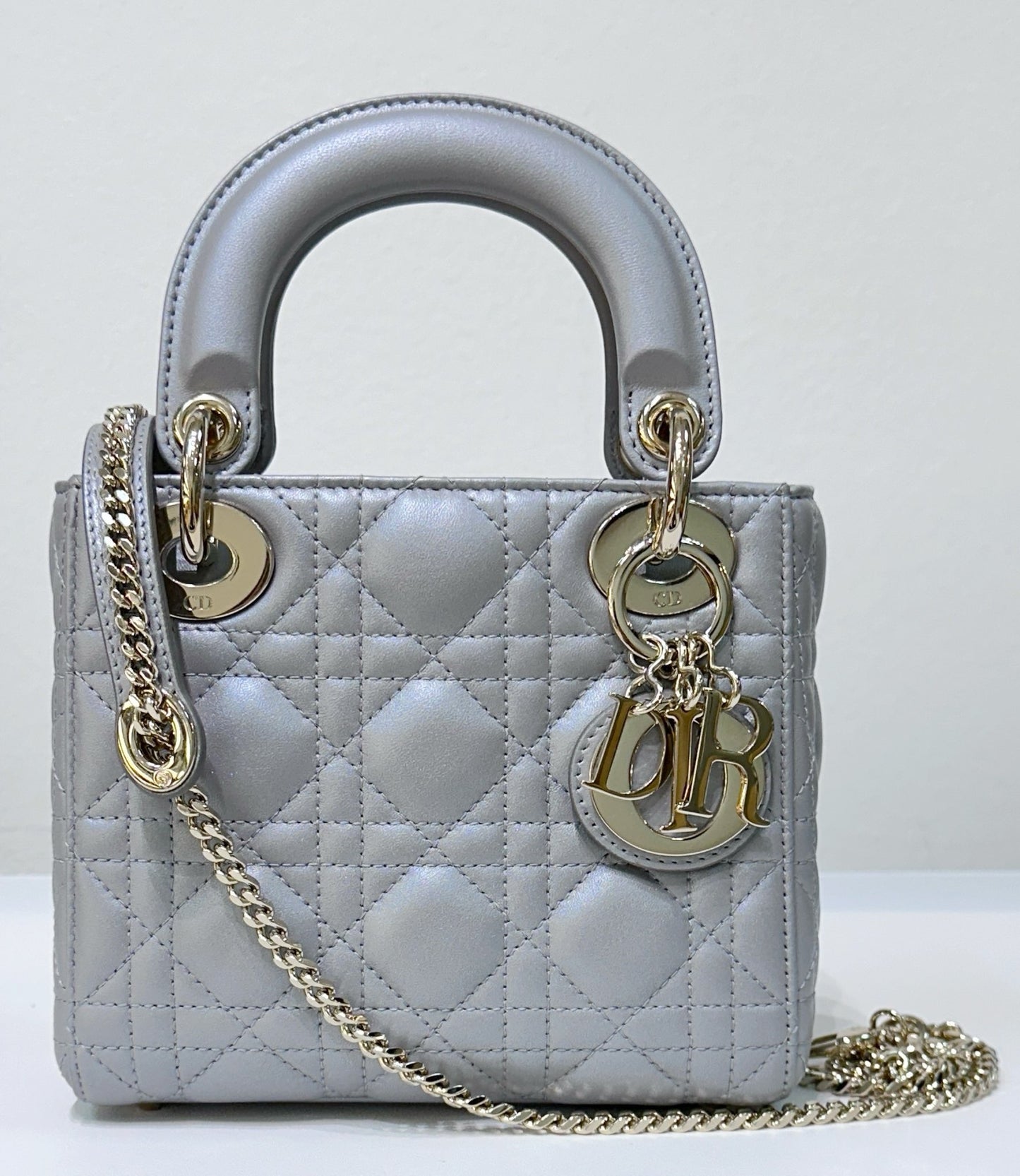 Christian Dior Mini Lambskin Cannage Lady Dior Gray Opaline GHW