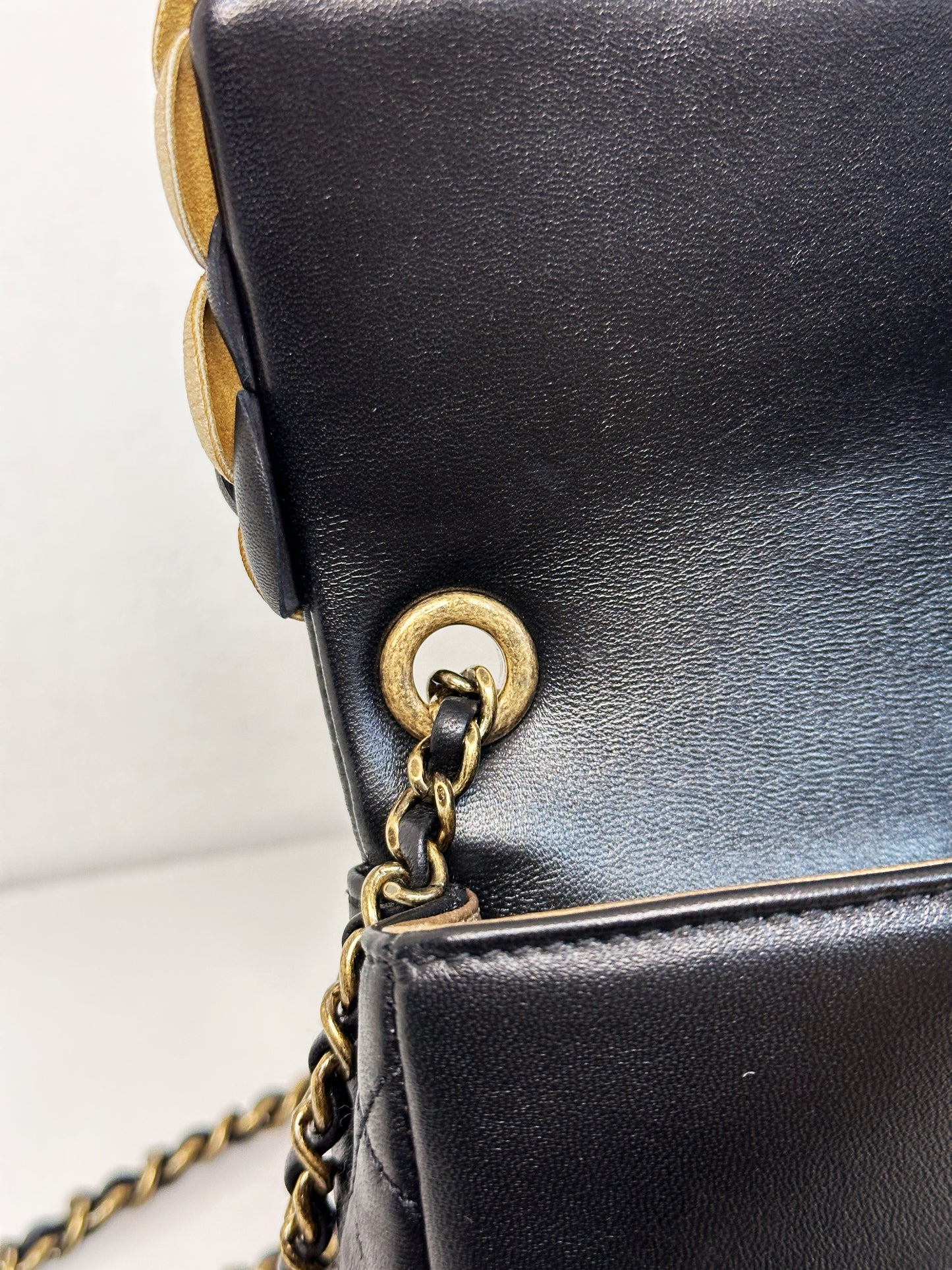 Chanel Mini Metallic Lambskin Quilted Camellia Flap Bag Black Gold 2479 holo card