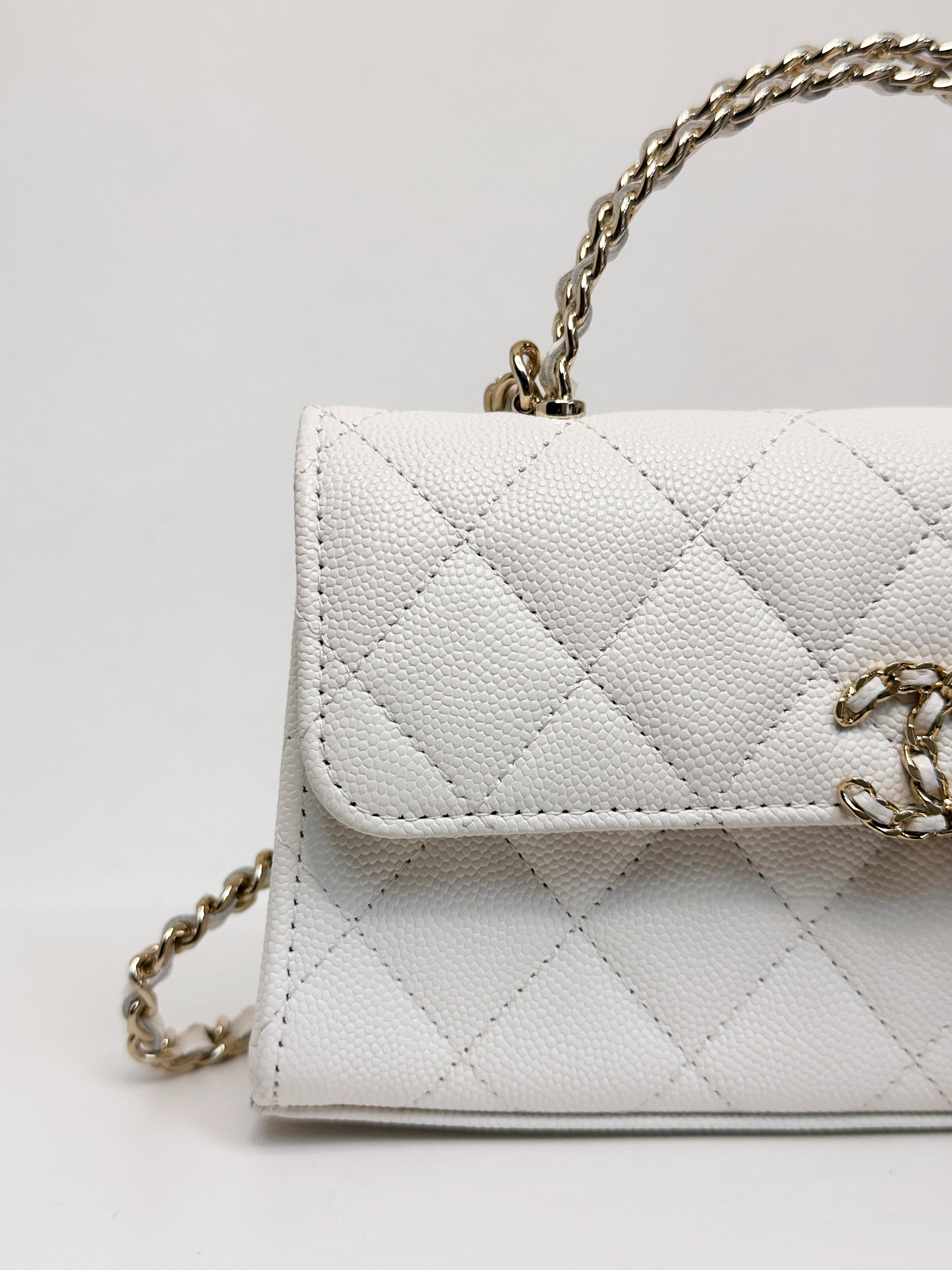 Chanel 23P Top Handle Kelly Clutch with Chain in White Caviar GHW