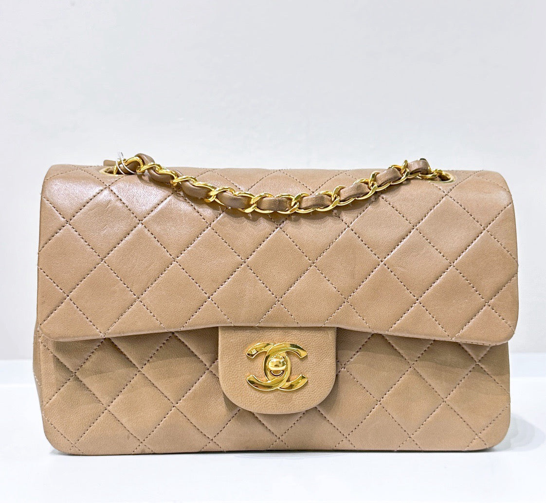 Classic Medium Double Flap in Beige with GHW