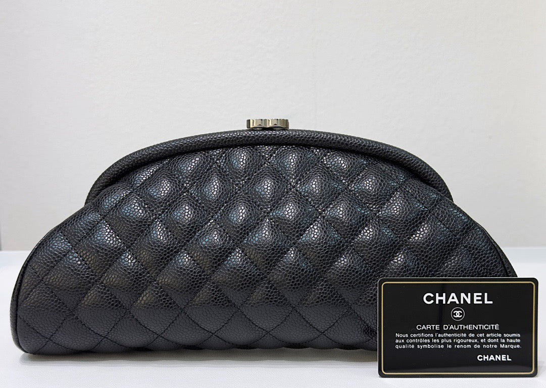 Chanel Quilted Timeless Kisslock Clutch Black Caviar SHW