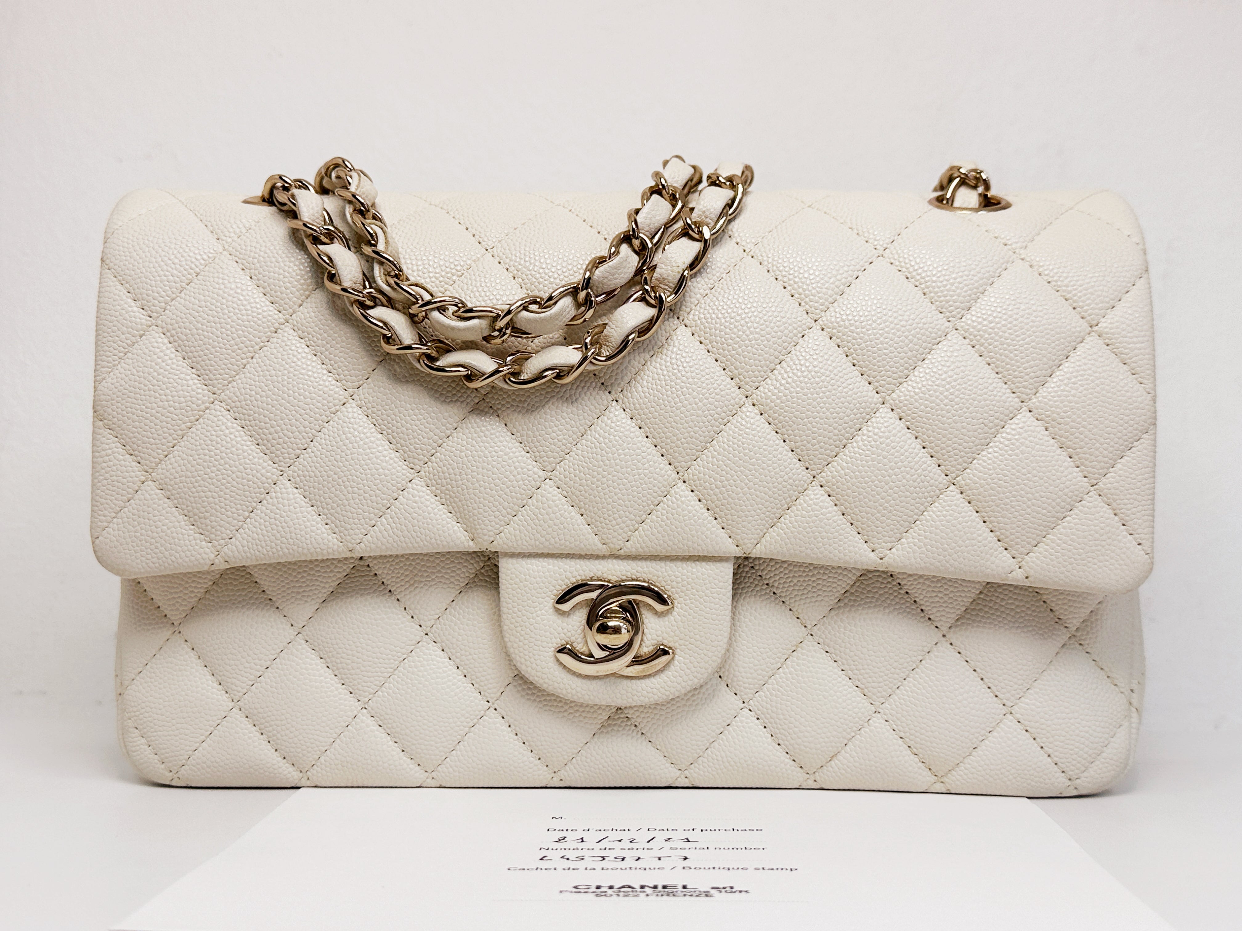 Chanel Medium Caviar Classic Quilted Double Flap White Light Beige Bag LGHW L45J microchip
