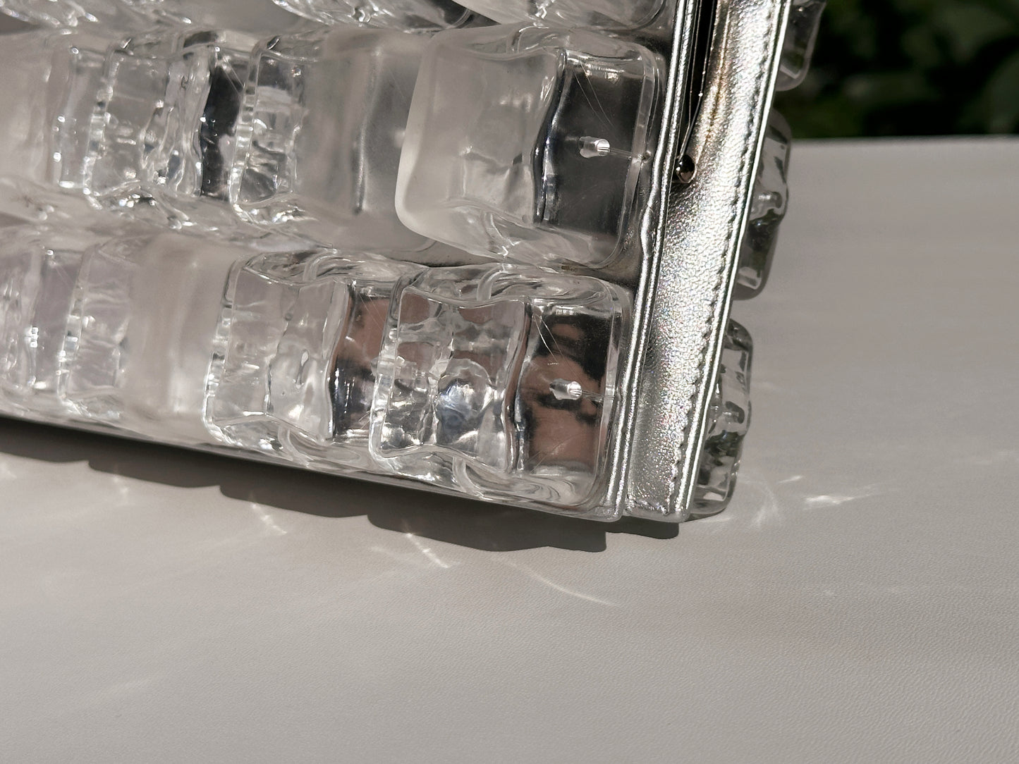 Chanel Silver Metallic Lambskin and Clear Acrylic Ice Cube Bag Silver Hardware 1426 holo card