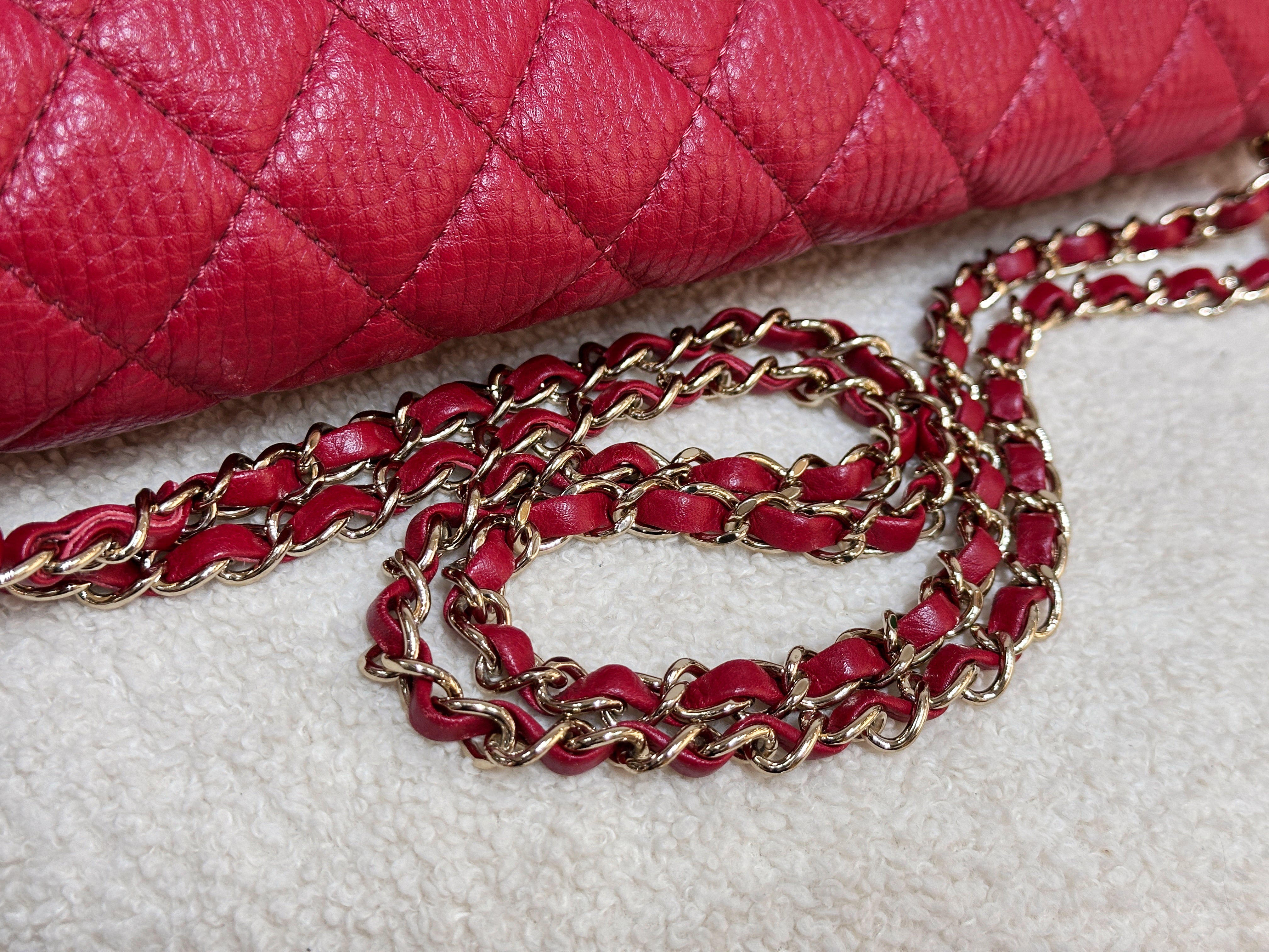 Chanel Red Grained Calfskin XL Small Travel Flap Bag Light Gold Hardware