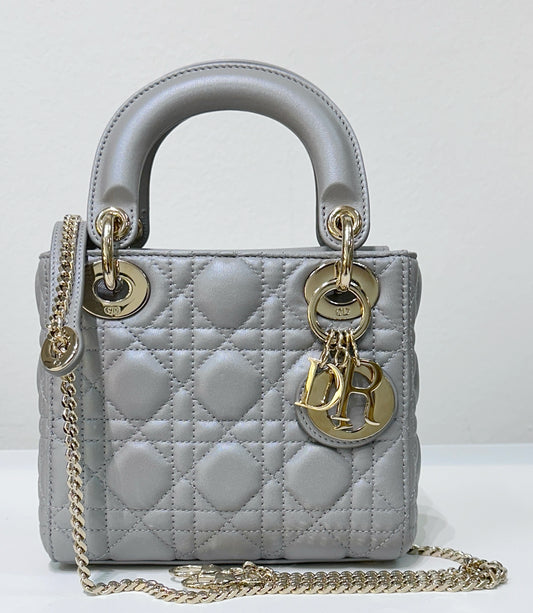 Christian Dior Mini Lambskin Cannage Lady Dior Gray Opaline GHW