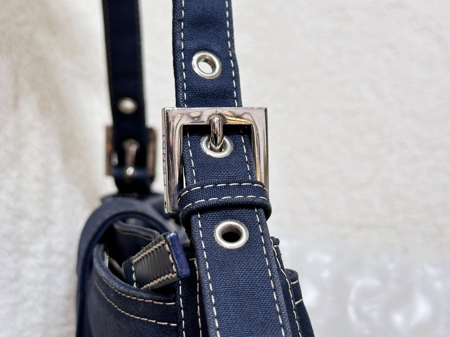 Fendi Mamma Baguette Canvas Shoulder Bag Navy blue