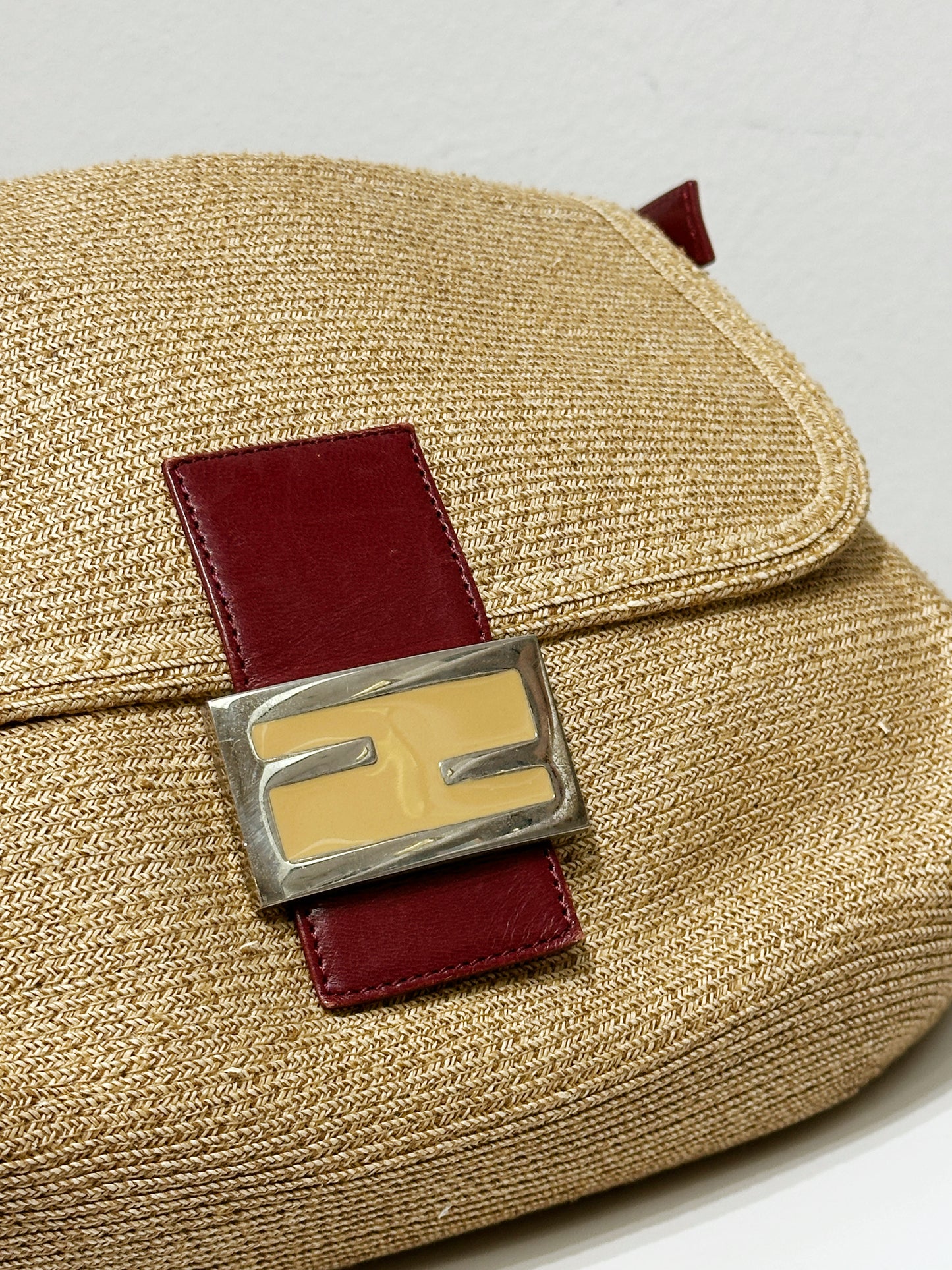 Fendi Mamma Baguette Raffia Straw Shoulder Bag Red Leather Strap