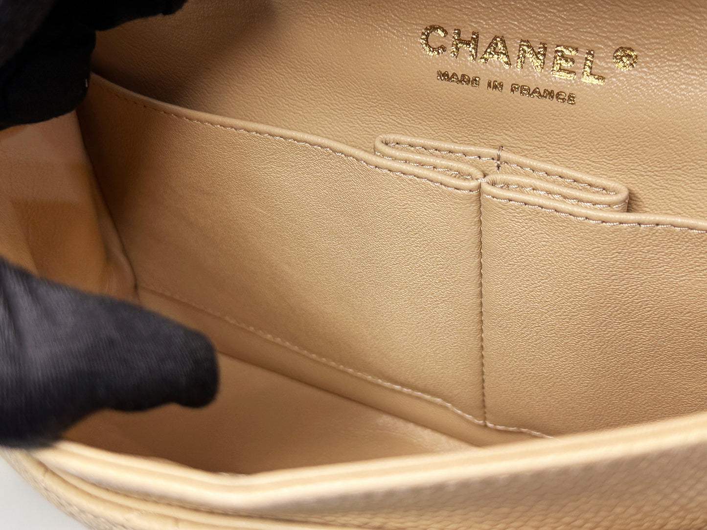 Chanel Medium Beige Classic Caviar Double Flap Bag GHW 2163 holo