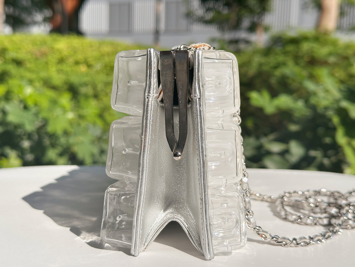 Chanel Silver Metallic Lambskin and Clear Acrylic Ice Cube Bag Silver Hardware 1426 holo card
