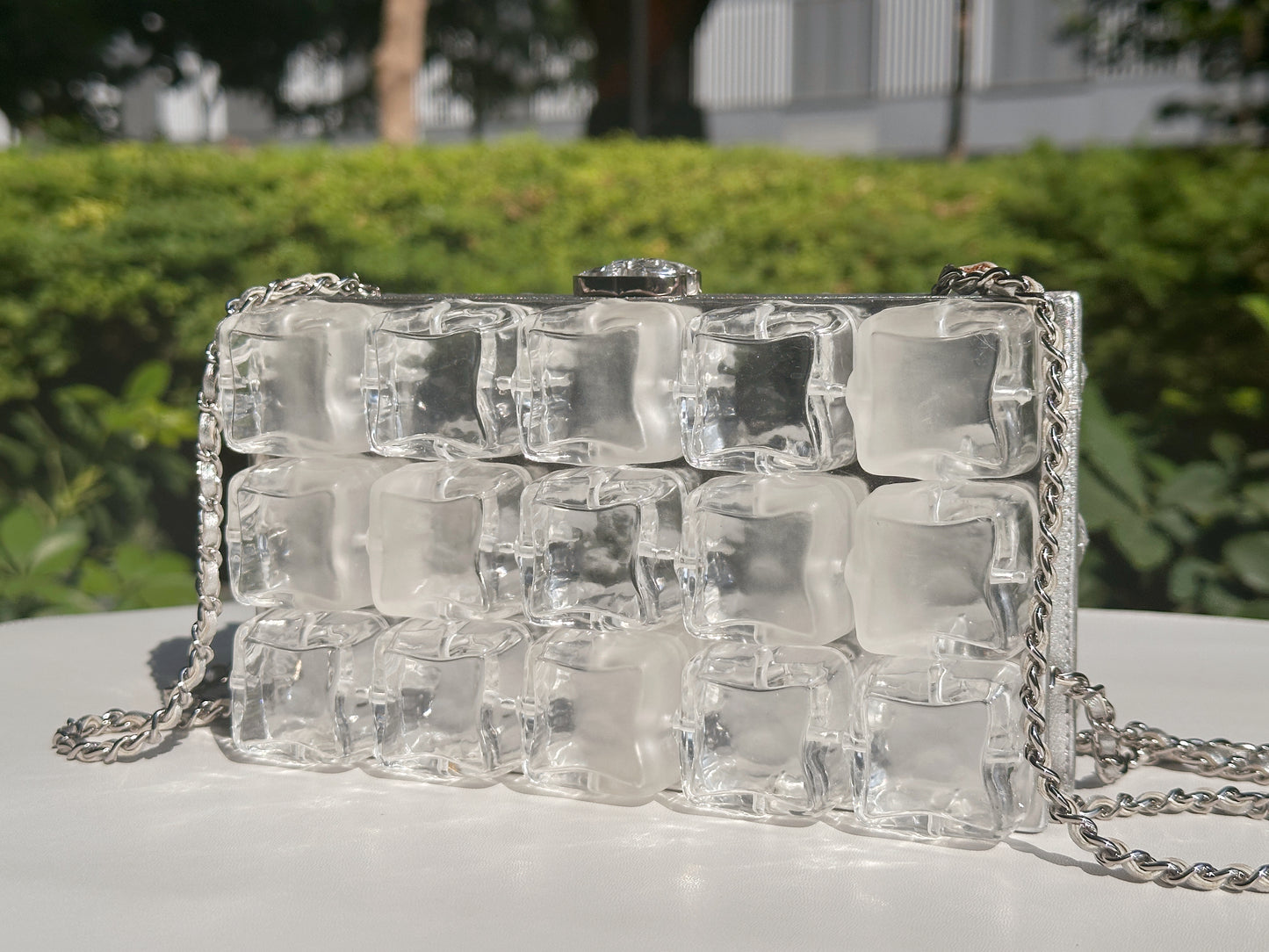 Chanel Silver Metallic Lambskin and Clear Acrylic Ice Cube Bag Silver Hardware 1426 holo card