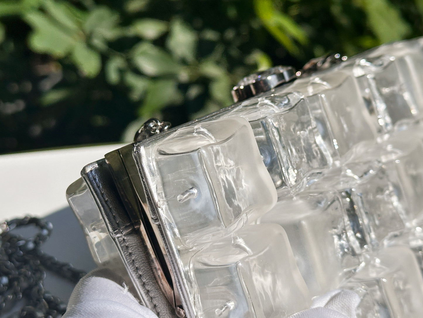Chanel Silver Metallic Lambskin and Clear Acrylic Ice Cube Bag Silver Hardware 1426 holo card