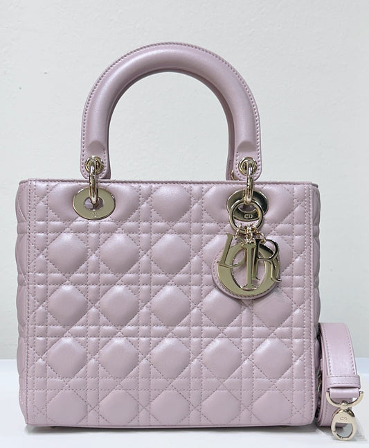 Christian Dior Medium Lambskin Cannage Lady Dior Flap Bag Pink GHW