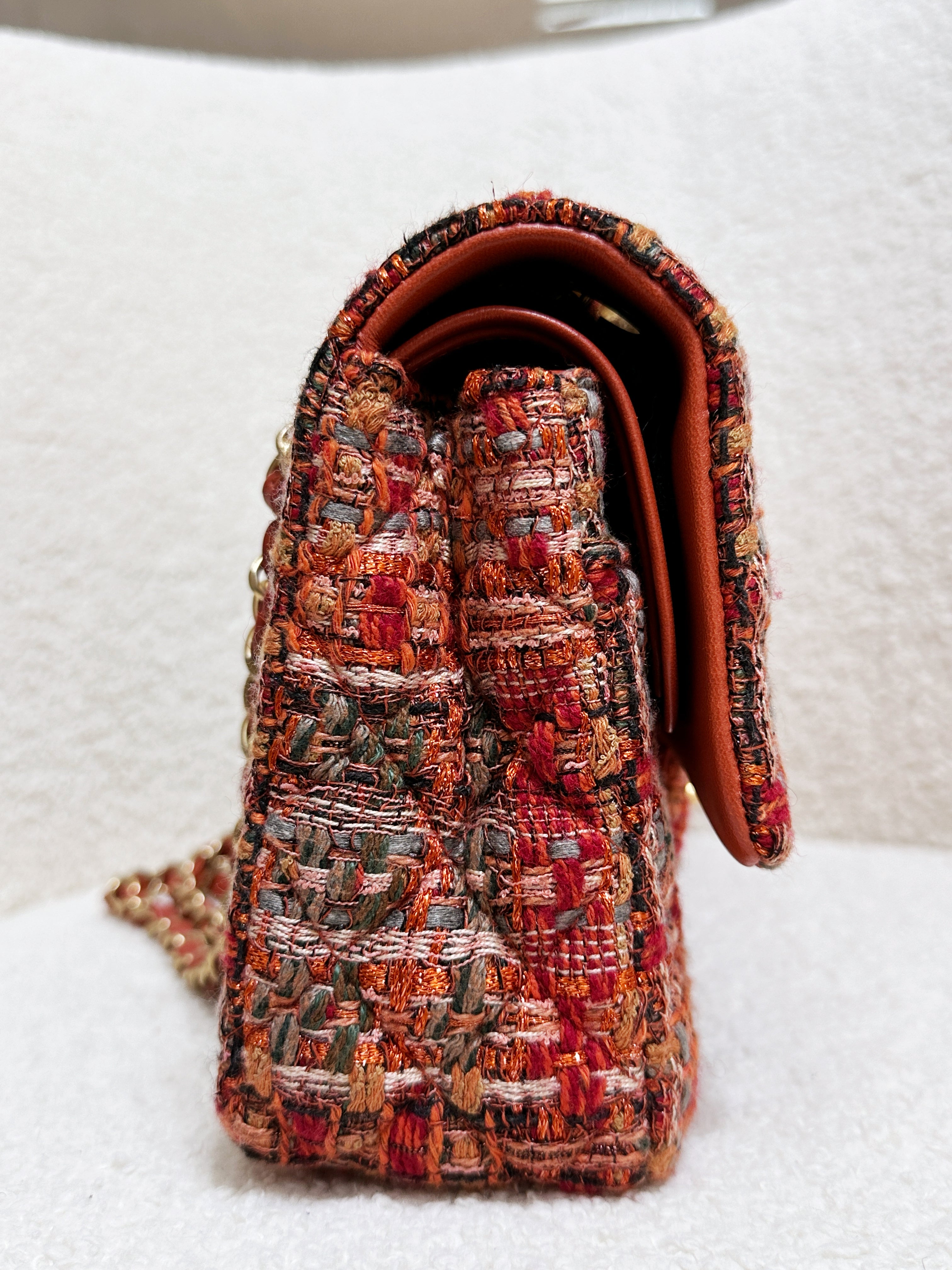 Chanel Tweed Quilted Medium Double Flap Bag Orange Multicolor K9J2 microchip