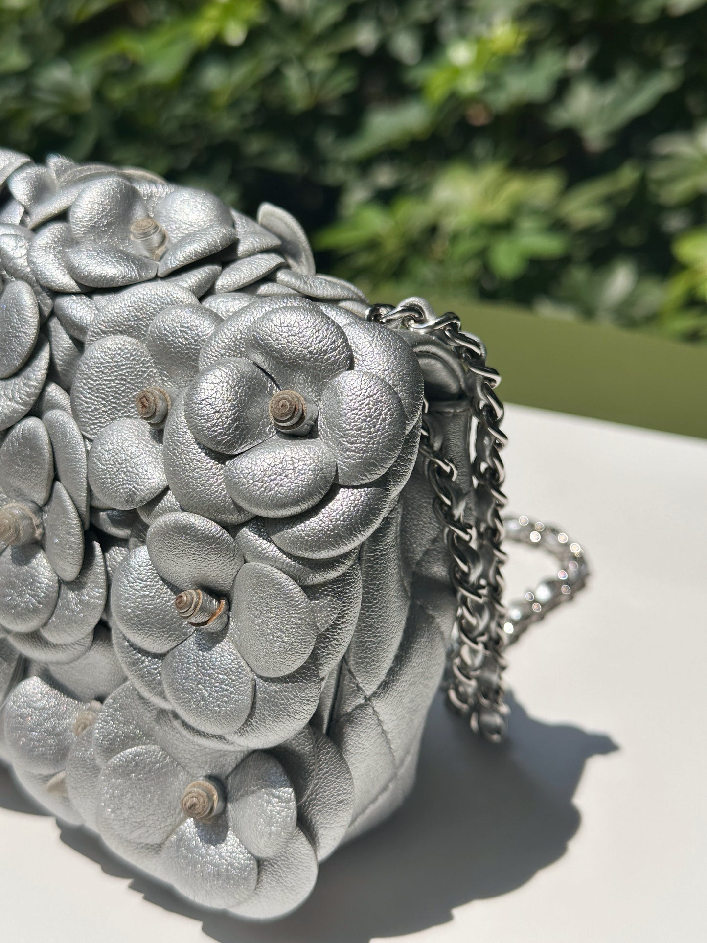 Chanel Mini Camellia Lambskin Shiny Silver SHW 2245 holo