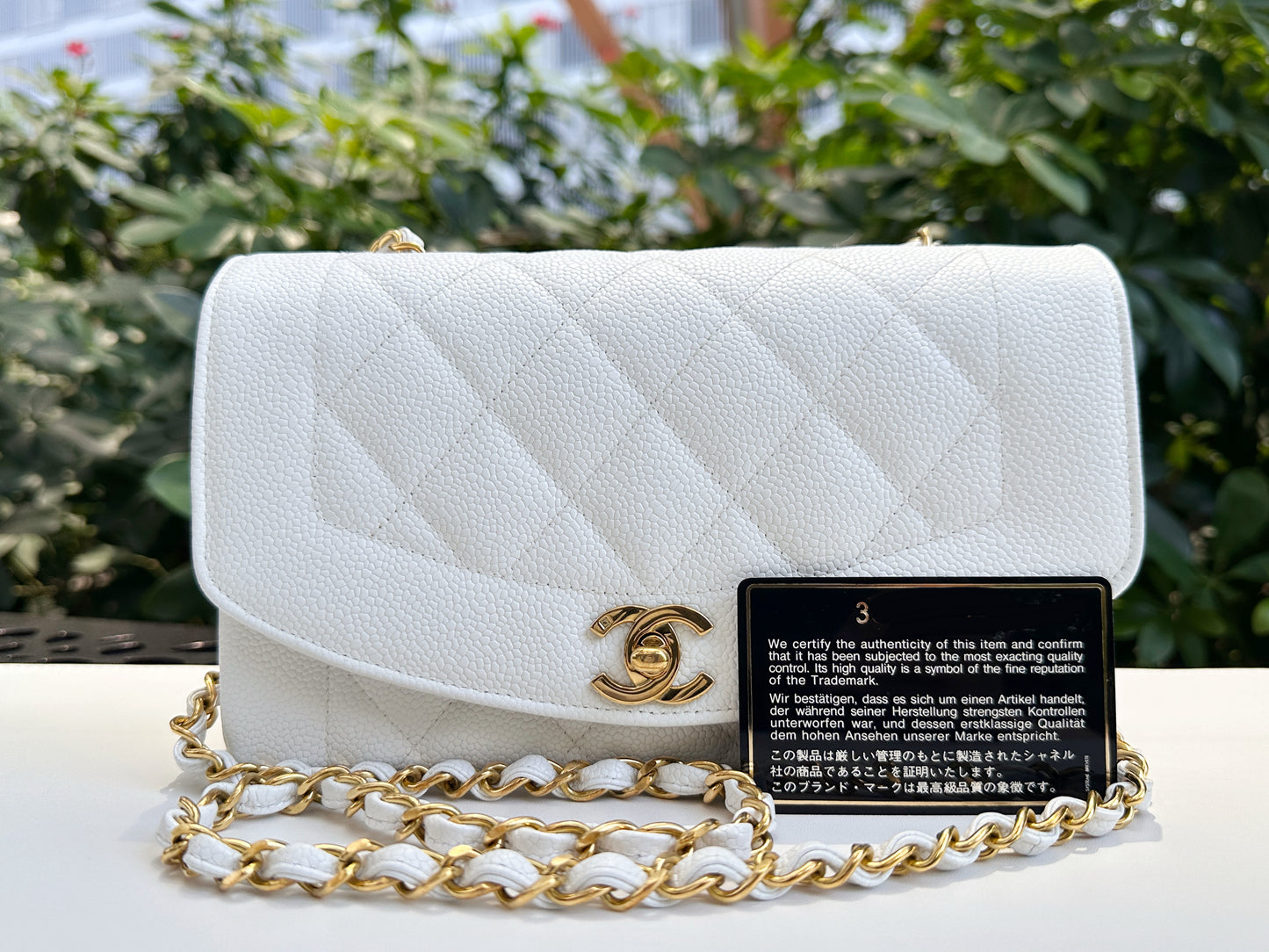 Chanel Vintage Quilted Diana Flap Bag Caviar White 33 holo card