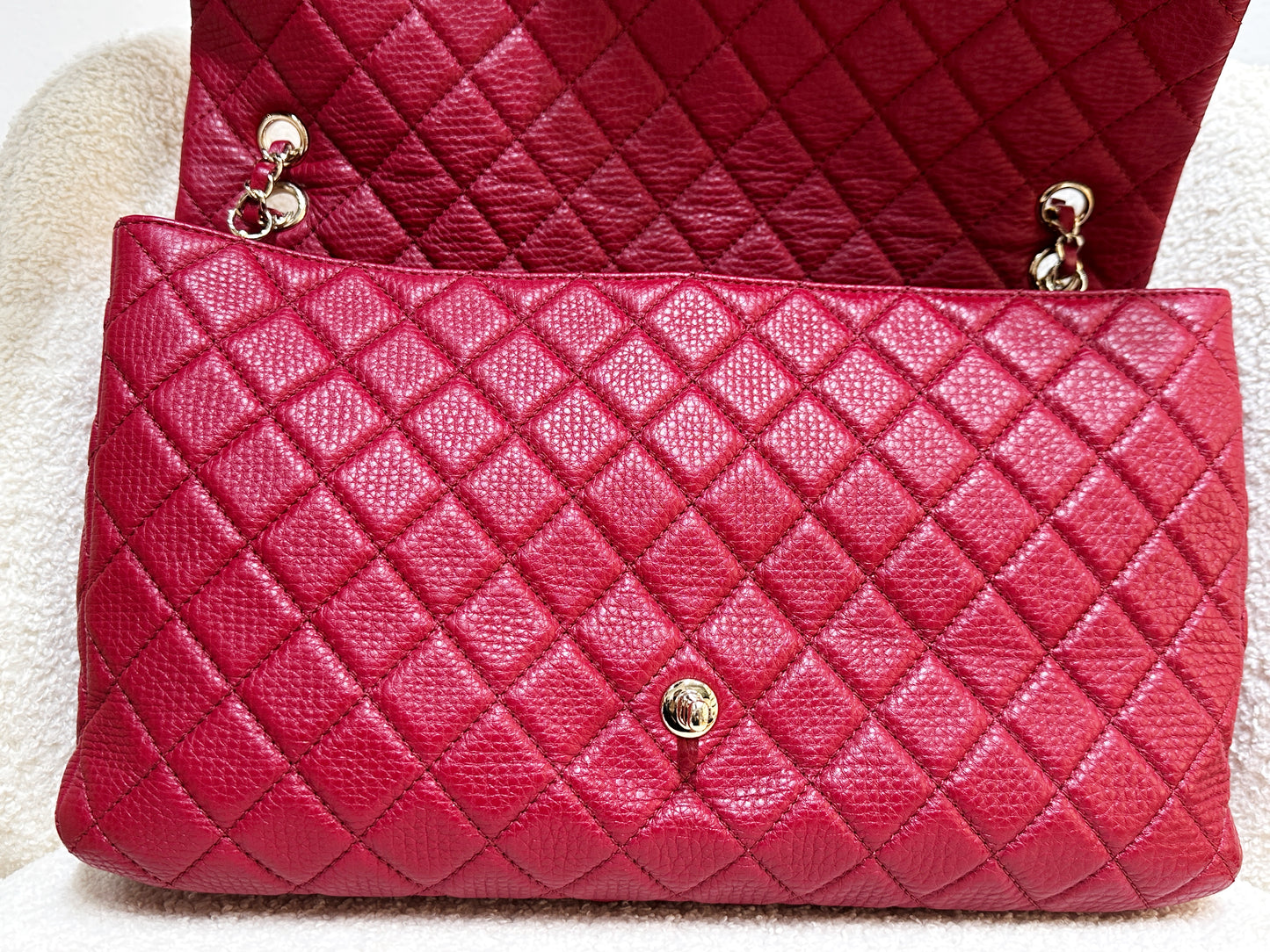 Chanel Red Grained Calfskin XL Small Travel Flap Bag Light Gold Hardware