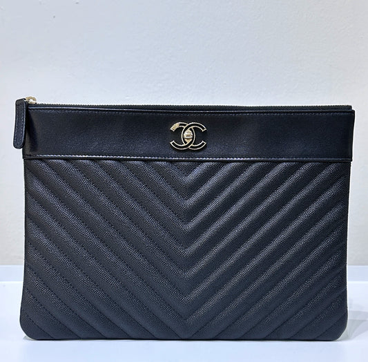 Chanel Leather Clutch Black Gold Accessories