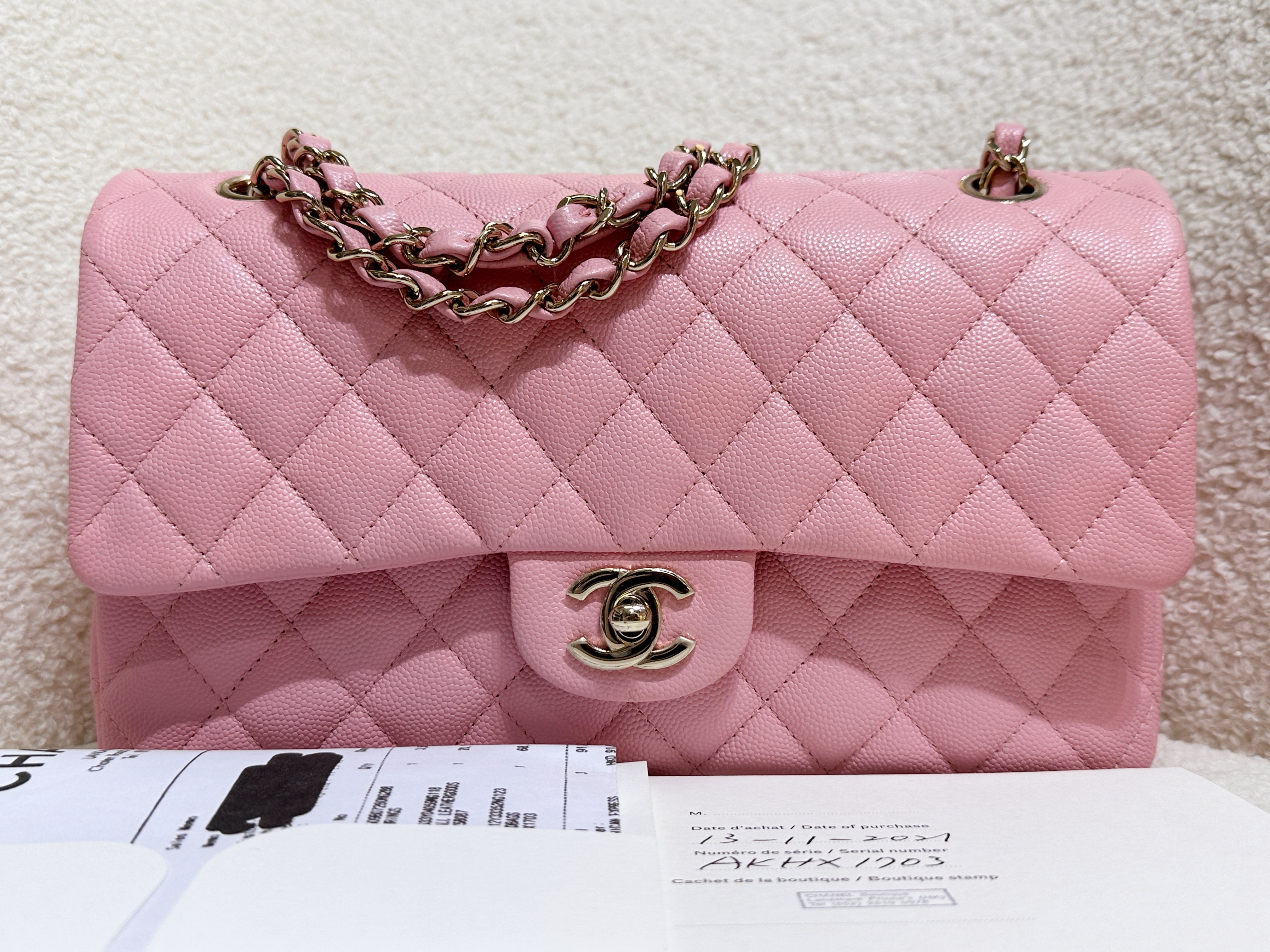 Chanel 22C Classic Quilted Medium Double Flap Bag Sakura Pink AKHX microchip
