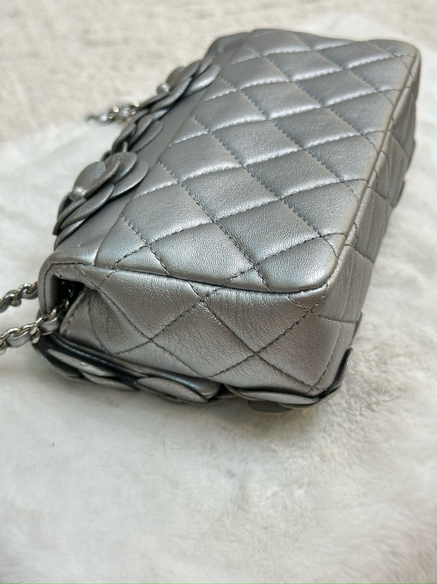 Chanel Mini Camellia Lambskin Shiny Silver SHW