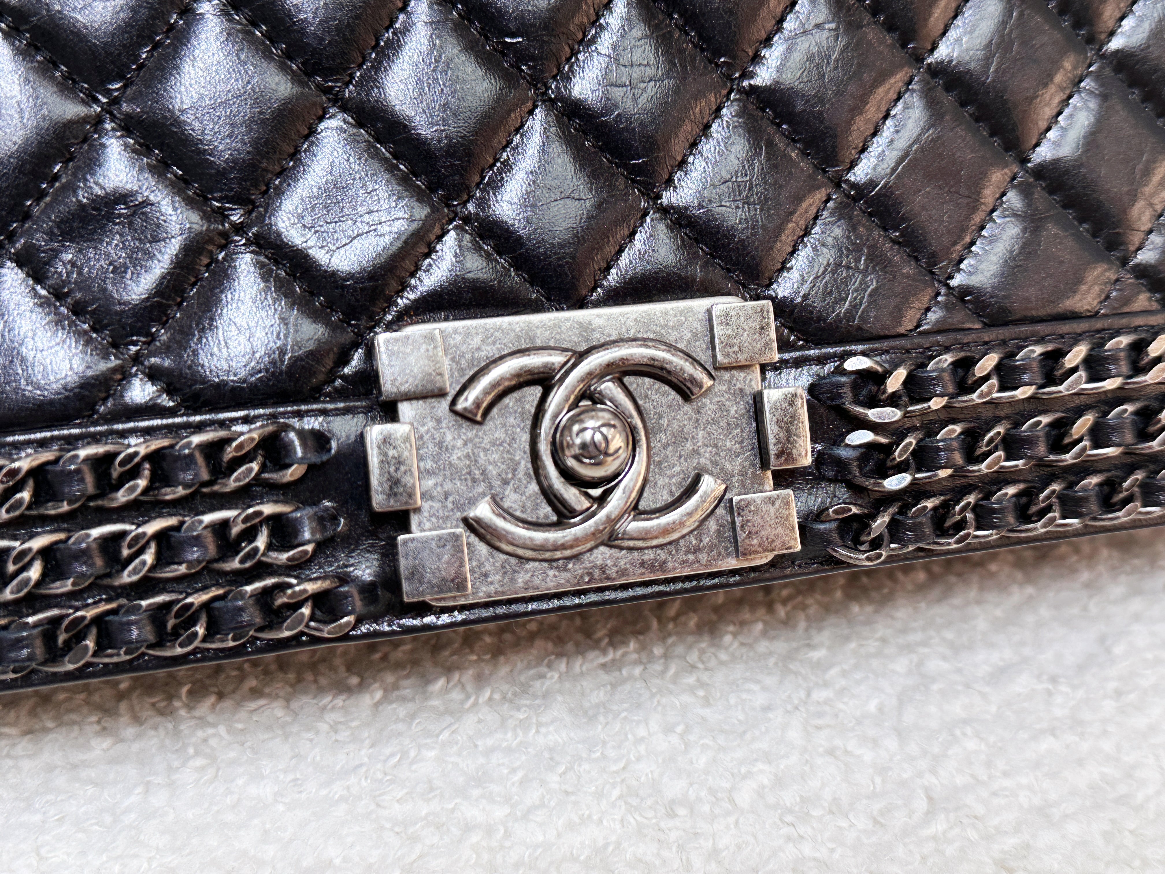 Chanel Boy Black Leather Chain Shoulder Bag 2099 holo card