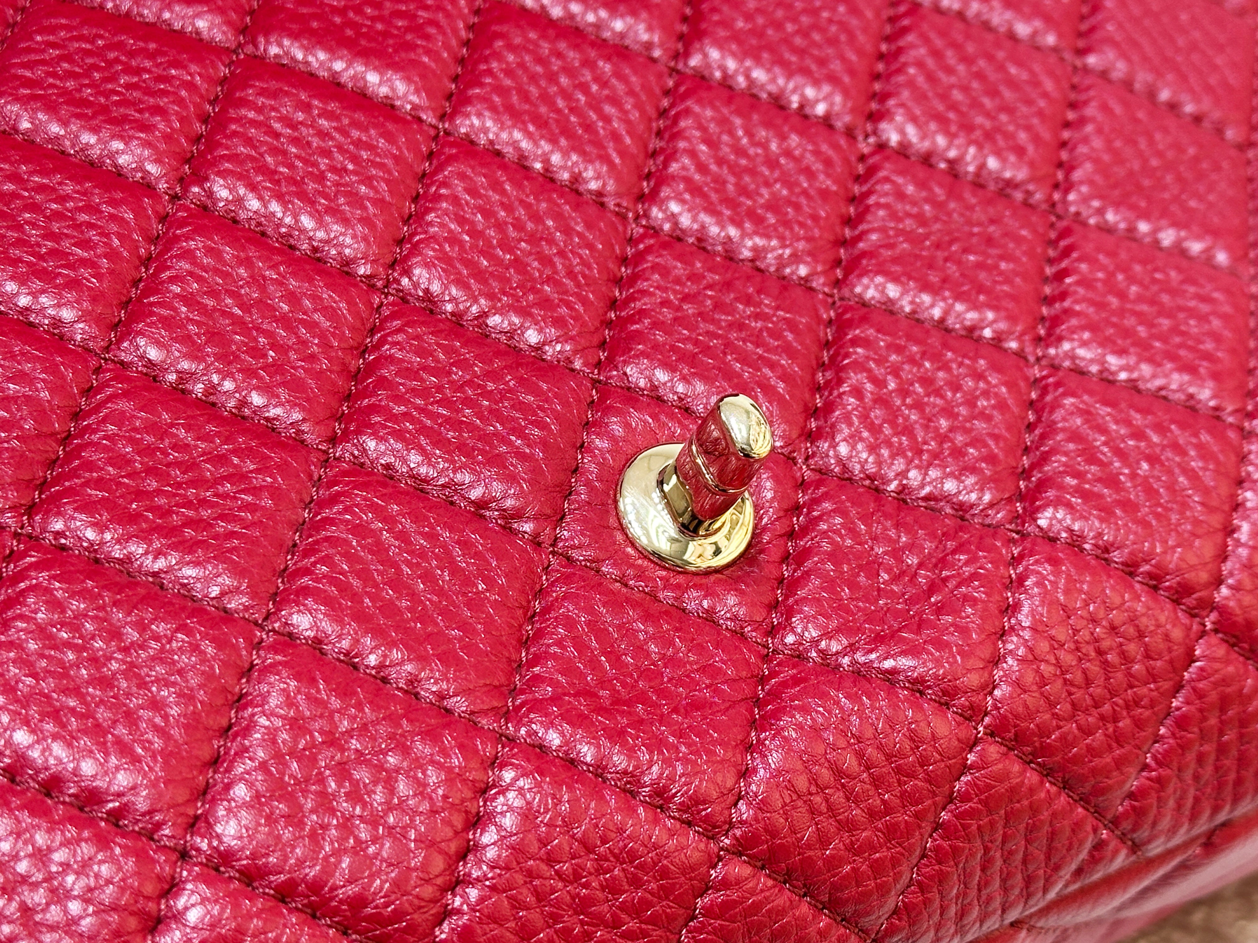 Chanel Red Grained Calfskin XL Small Travel Flap Bag Light Gold Hardware