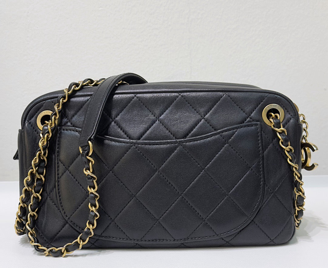 Chanel Lambskin Quilted All About Chains Camera Bag Black