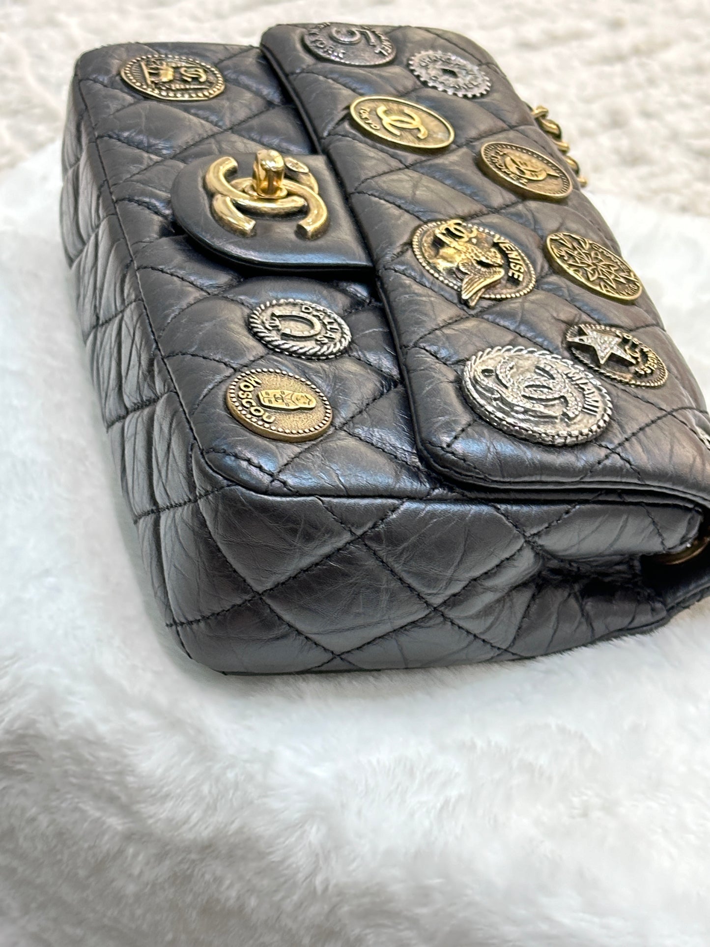 Chanel Mini Limited Edition Aged Calfskin Quilted Medallion Flap Black GHW