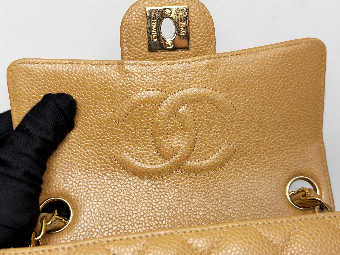 Chanel 24K Gold Mini Square Caviar Classic Flap Chain Shoulder Bag Beige GHW 84 holo card